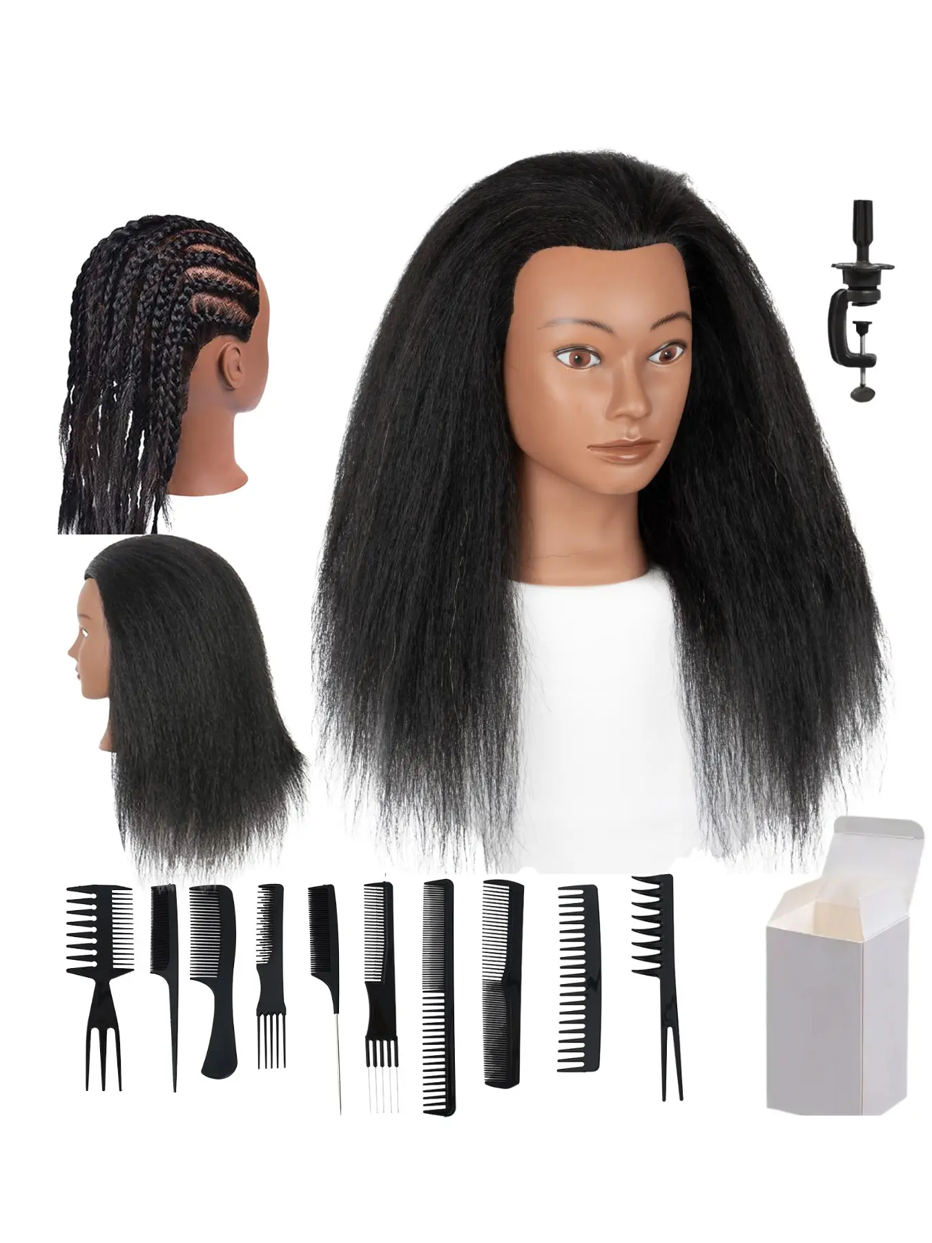 16-20 Inch Yaki Straight Mannequin Head 100% Real Human Hair Dark Skin Manikin Training Head With Clamp Stand And 10 Pcs Professional Salon Hair Comb Set For Cosmetology Students Practicing African Cornrows Box Braids And Twist Hairstyles Hair Practice