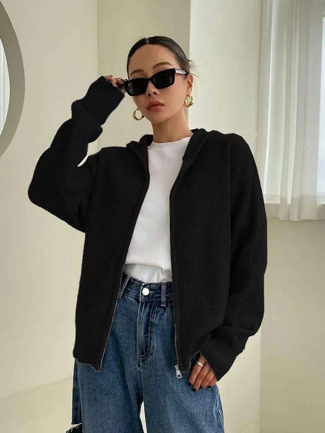 Women's Solid-Color Zip-Up Hooded Cardigan, Casual Fit Long Sleeve Knitwear for Fall & Winter, Ladies' Fashion Sweater for Daily Wear