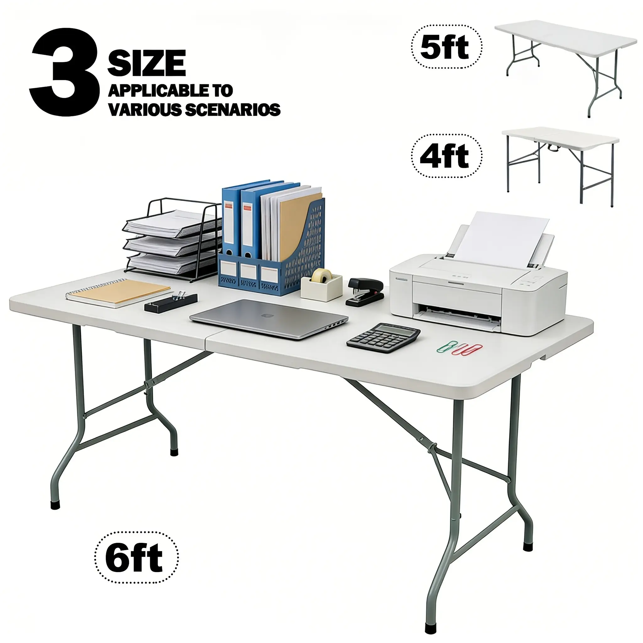No Assembly Office Computer Workstation 6ft Portable Plastic Folding Table, Heavy Duty Folding Desk with Handle, Space Saving Long Training Table for office Meeting, Outdoor Picnic, Party, White
