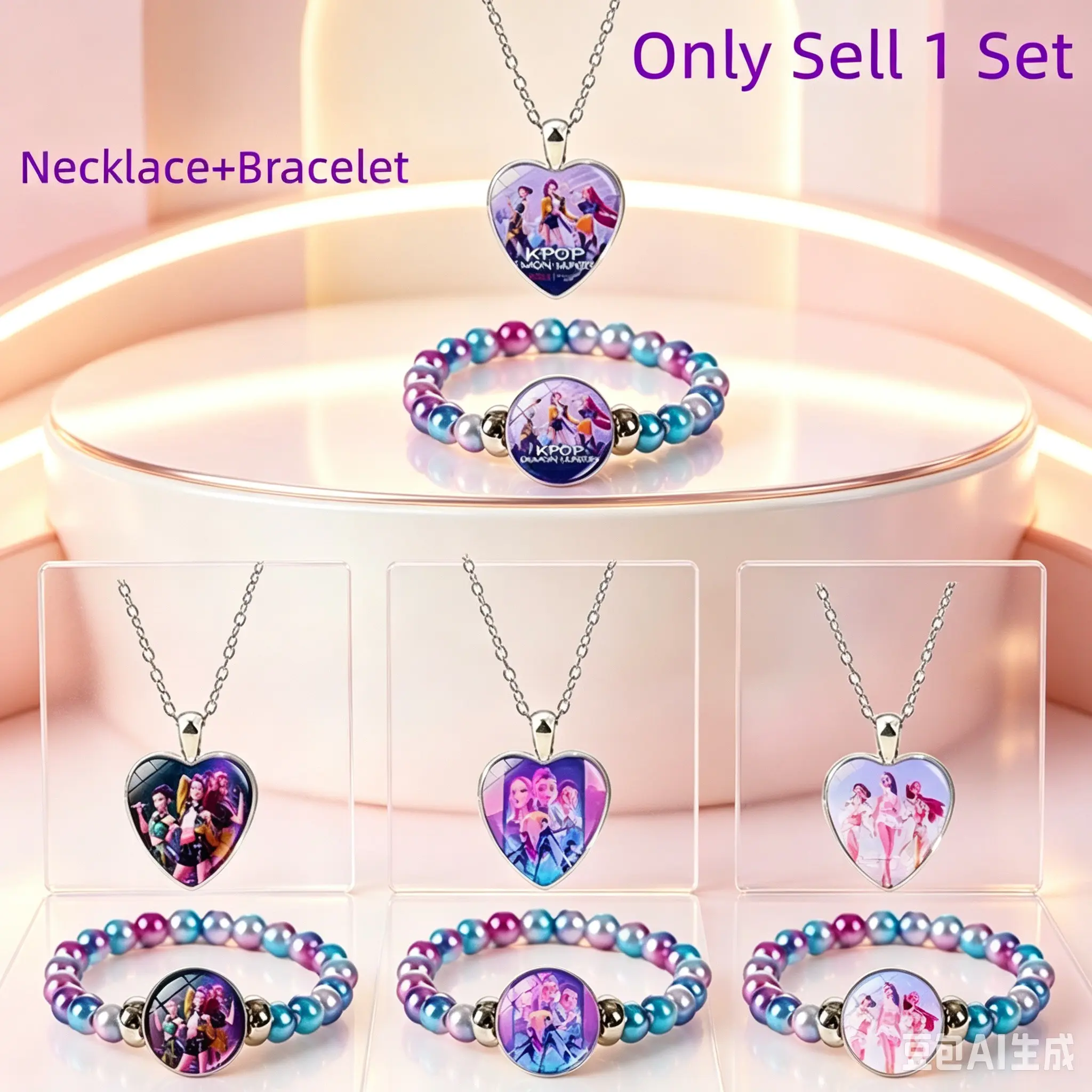 Korean Version Girl's Fashion Heart Pendant Imitation Pearl Necklace & Bracelet Set, Alloy Necklace, Dainty Necklace, Heart Shaped Necklace, Cartoon Character Style Jewelry Accessory for Party & Vacation, Perfect Birthday gift For Girls