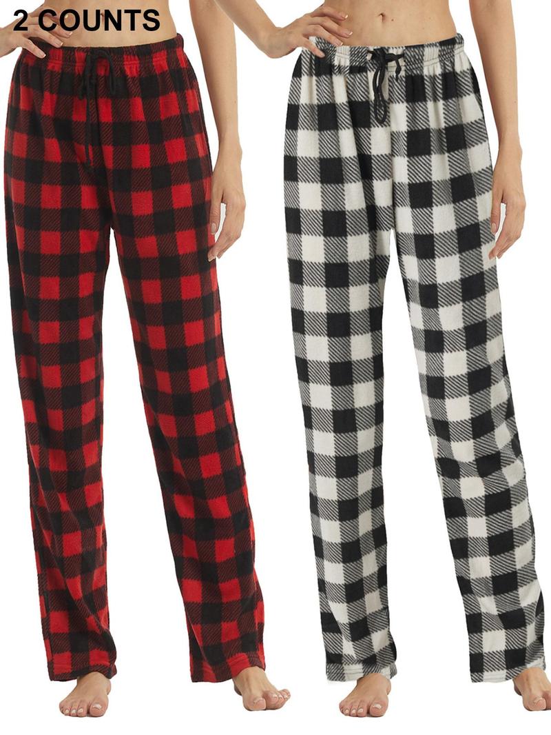 Women's Christmas Theme Plaid Print Drawstring Waist Soft Pajama Pants, Sleepwear Loungewear, Casual Comfy Fuzzy Sleep Bottoms for Winter, Lady's Sleepwear for Indoor Wear