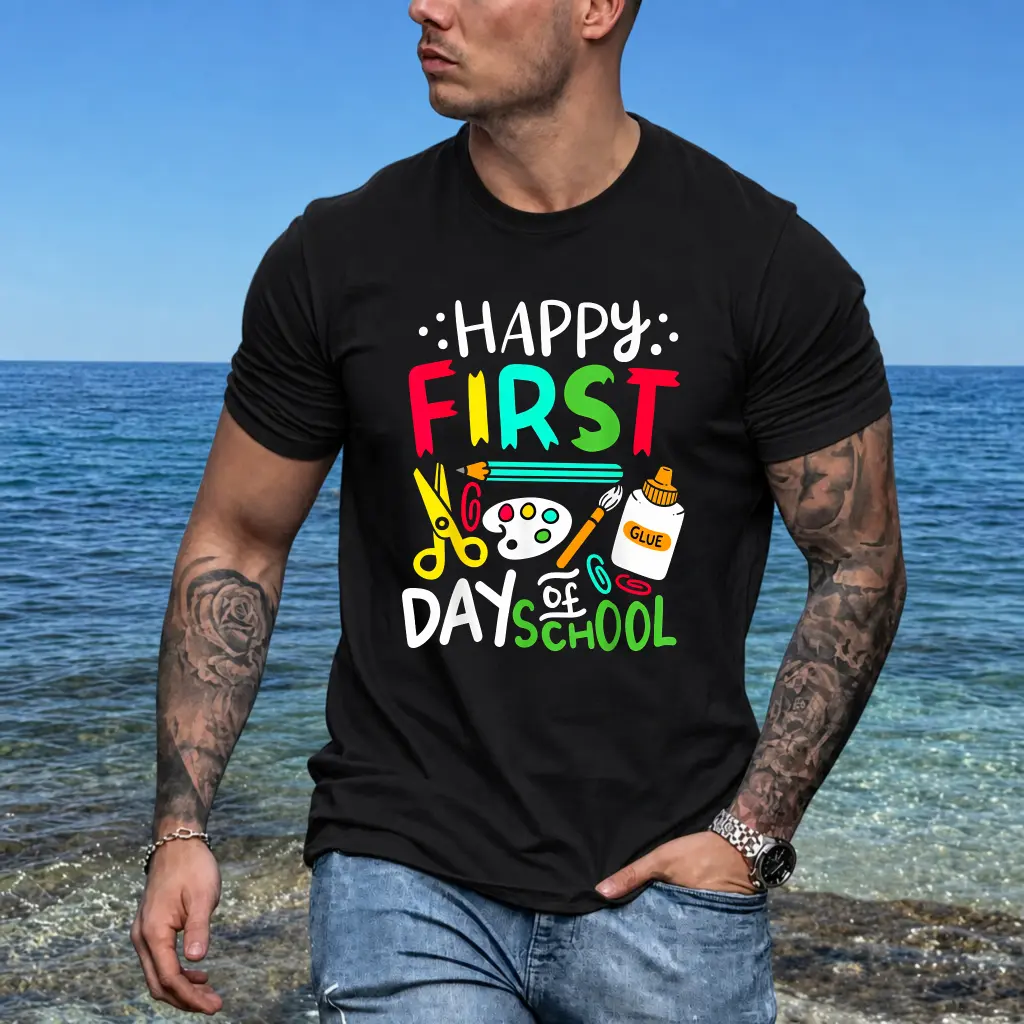 Men's Breathable Cotton Blend Back to School Graphic T-Shirt - Happy First Day of School Apparel, Machine Washable Trendy Top for Men, Graphic Tee