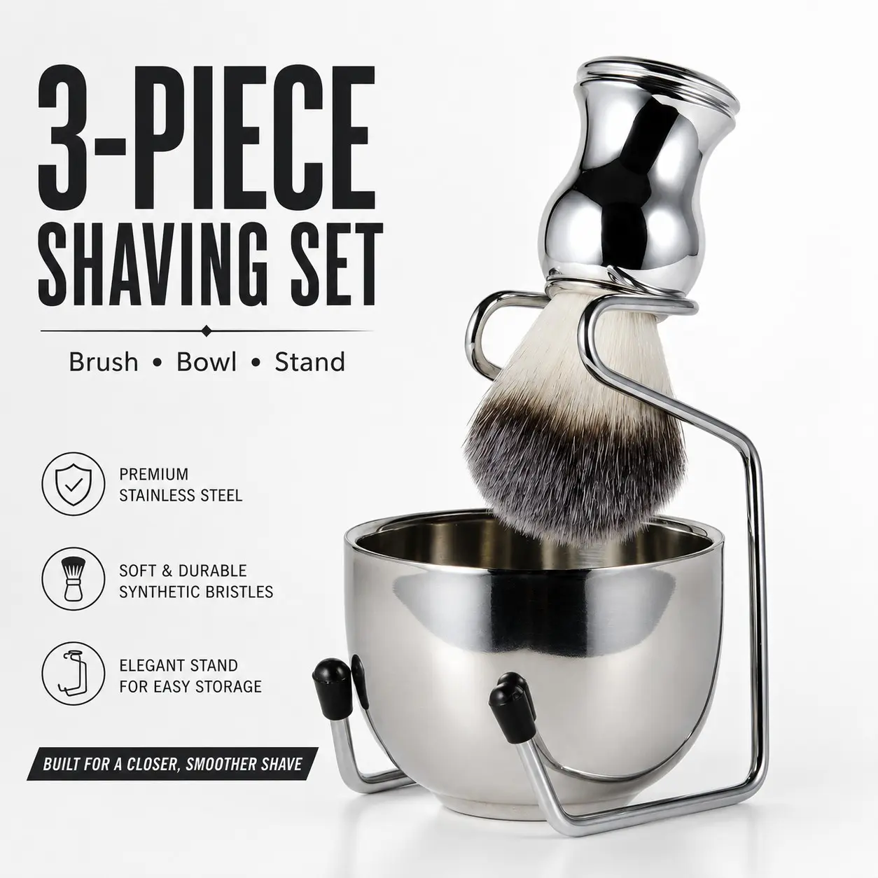 Traditional Wet Shaving Set for Men, 3-Piece Shaving Brush, Bowl & Stand Kit for Rich Lather and Classic Barber Grooming