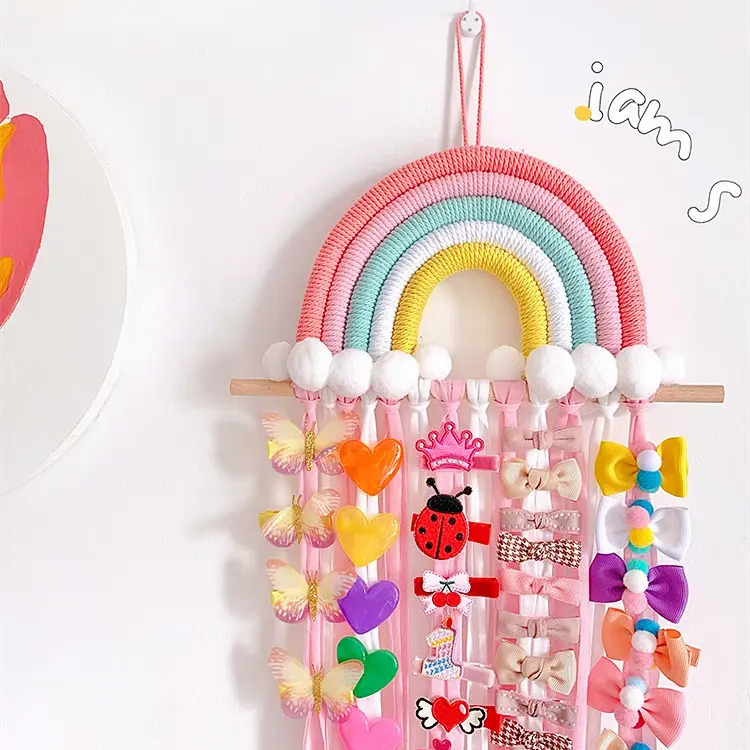 Kids Hair Clip Holder - Ins Rainbow Macrame Strap Storage Organizer, Colorful Tassel Hanging Display for Hairpins Headbands, Little Girl Hair Accessories Cartoon Nursery Room Aesthetic Decor, Cartoon Decor