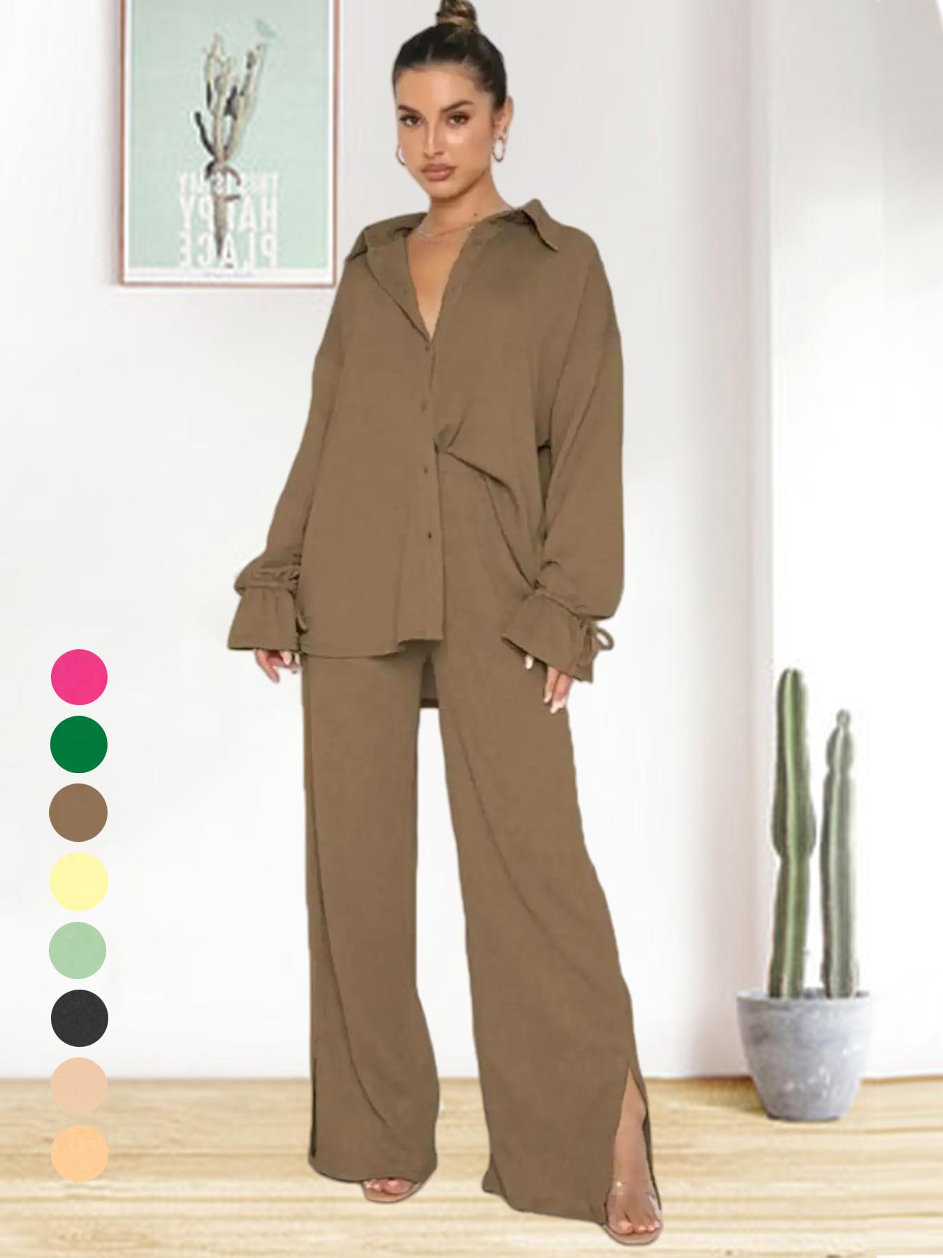 Women's Solid Color Button-Up Shirt with Split Pants Set, Casual Ruffle Sleeve Top and High Waist Wide Leg Trousers for Spring Summer Style