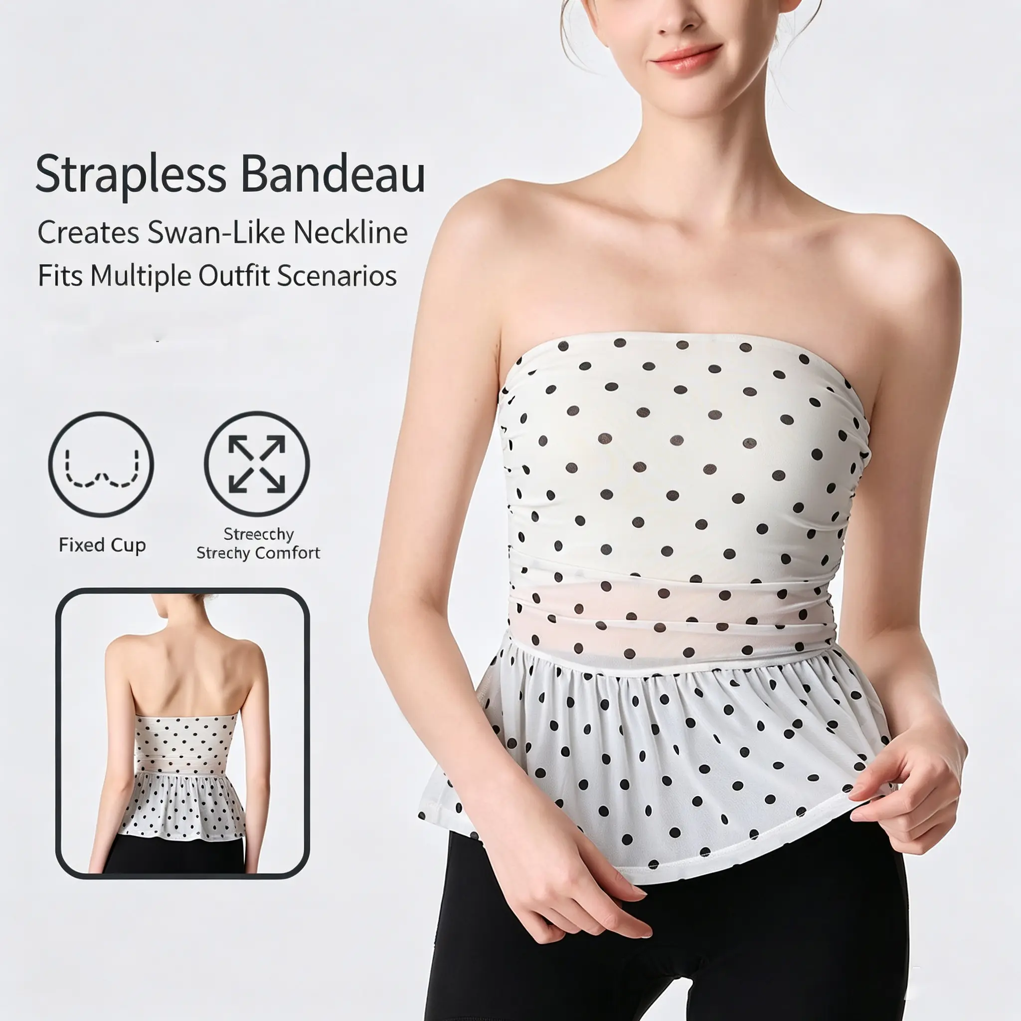 Women's European Polka Dot Mesh Bandeau Yoga Tank Top - Padded Fixed Cup, Spandex-Nylon Fitness Fabric, Breathable Slim Sleeveless Summer Streetwear Top