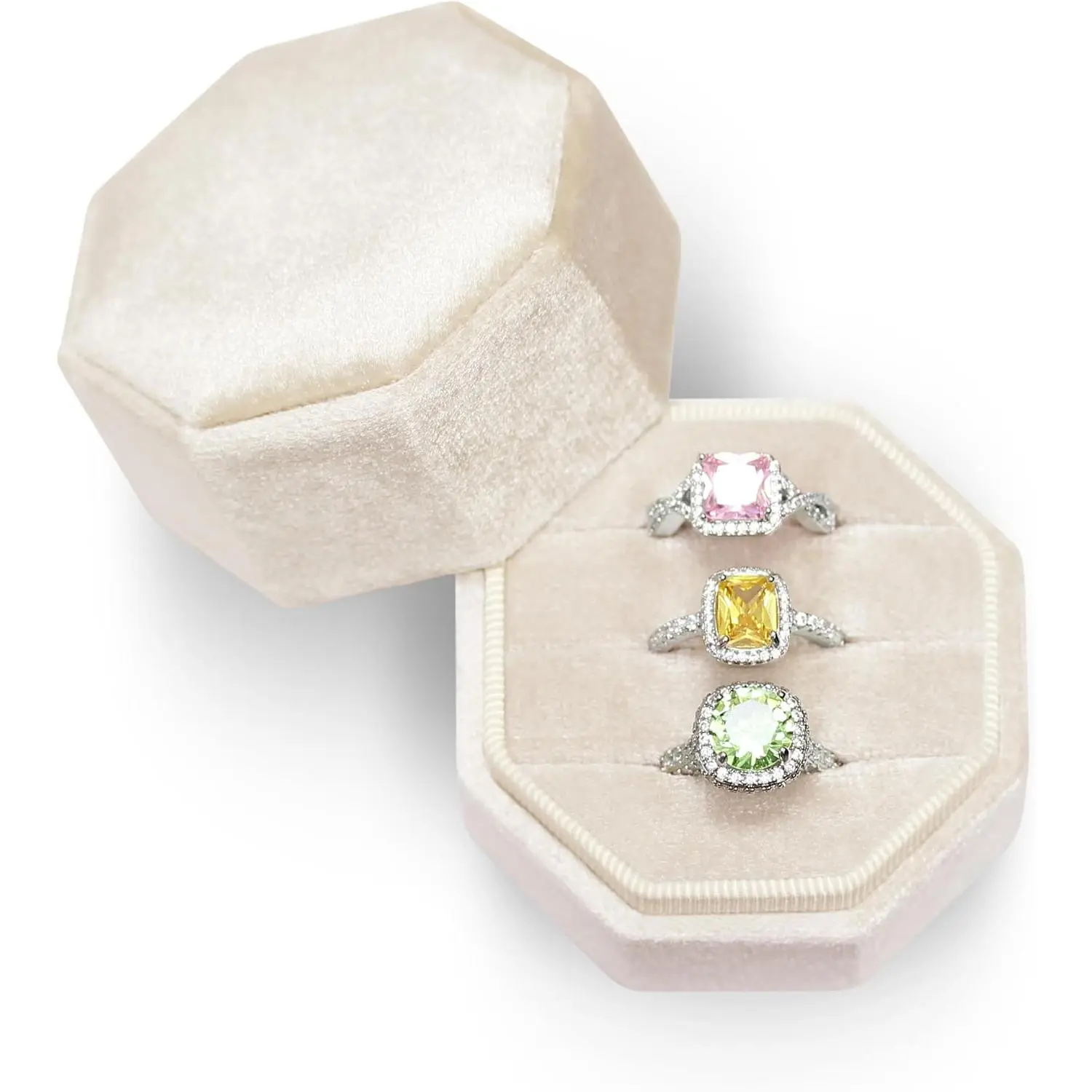 Ring Box,Octagon 3 Slots Wedding Day Ring Box,  Ring Display Holder Case for Wedding Ceremony Proposal Engagement(Champagne)