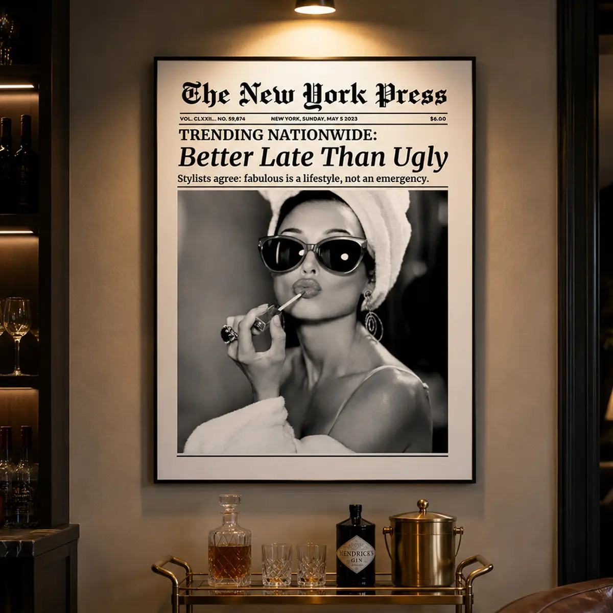 Audrey Hepburn Lipstick Print Multi-Size Canvas Wall Decor - Better Late Than Ugly Newspaper Art, Vintage Fashion Black-and-White Poster, Chic Gift for Her, Feminine Dorm Room & Living Room Accent