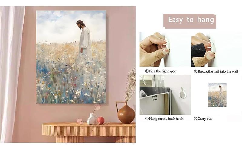 Framed Jesus Leaves the 99 Christian Canvas Wall Art Inspirational Painting of Jesus in Autumn Wildflowers Religious Faith Art Picture Print Christian Décor for Home Living Room and Church12x16in Decor Ornaments