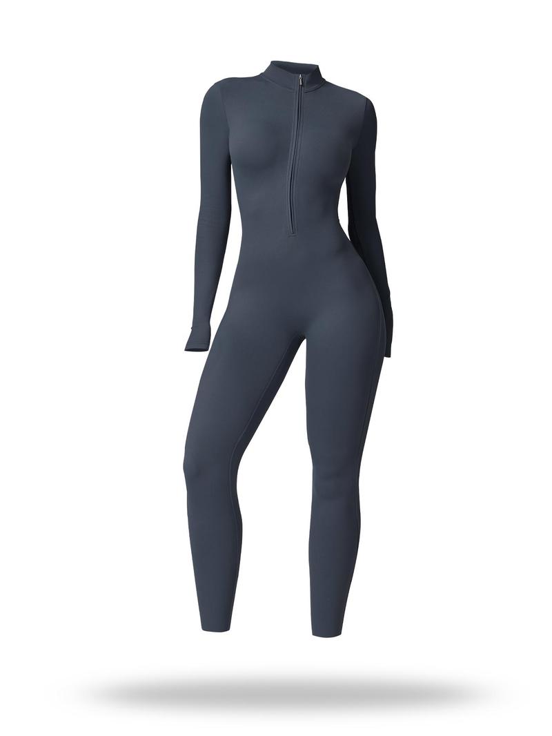 Women's Half-Zip Mock Neck, Comfy Breathable Long Sleeve One-Piece For Gym, Workout Jumpsuits, Stretchable Activewear