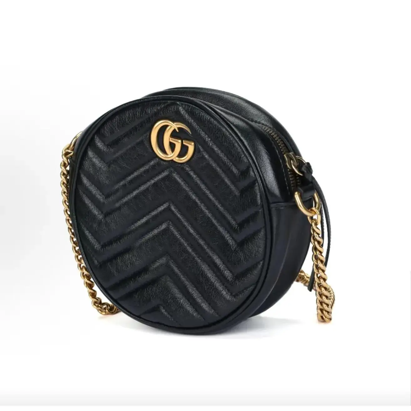 Pre-owned GUCCI GG Marmont Gold Zip Mini Round Shoulder Crossbody Bag (20231017017)