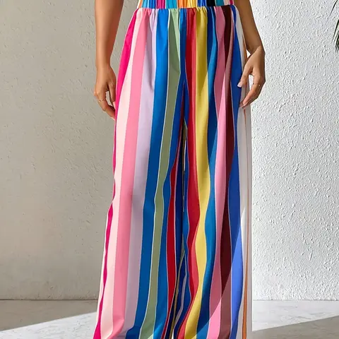 Women's Rainbow Striped Wide Leg Loose Pants, Aesthetic Boho Summer Style, High Elastic Waist, Flowy Silhouette, Lightweight Chiffon, Beach Wear, Bohemian, Bottoms