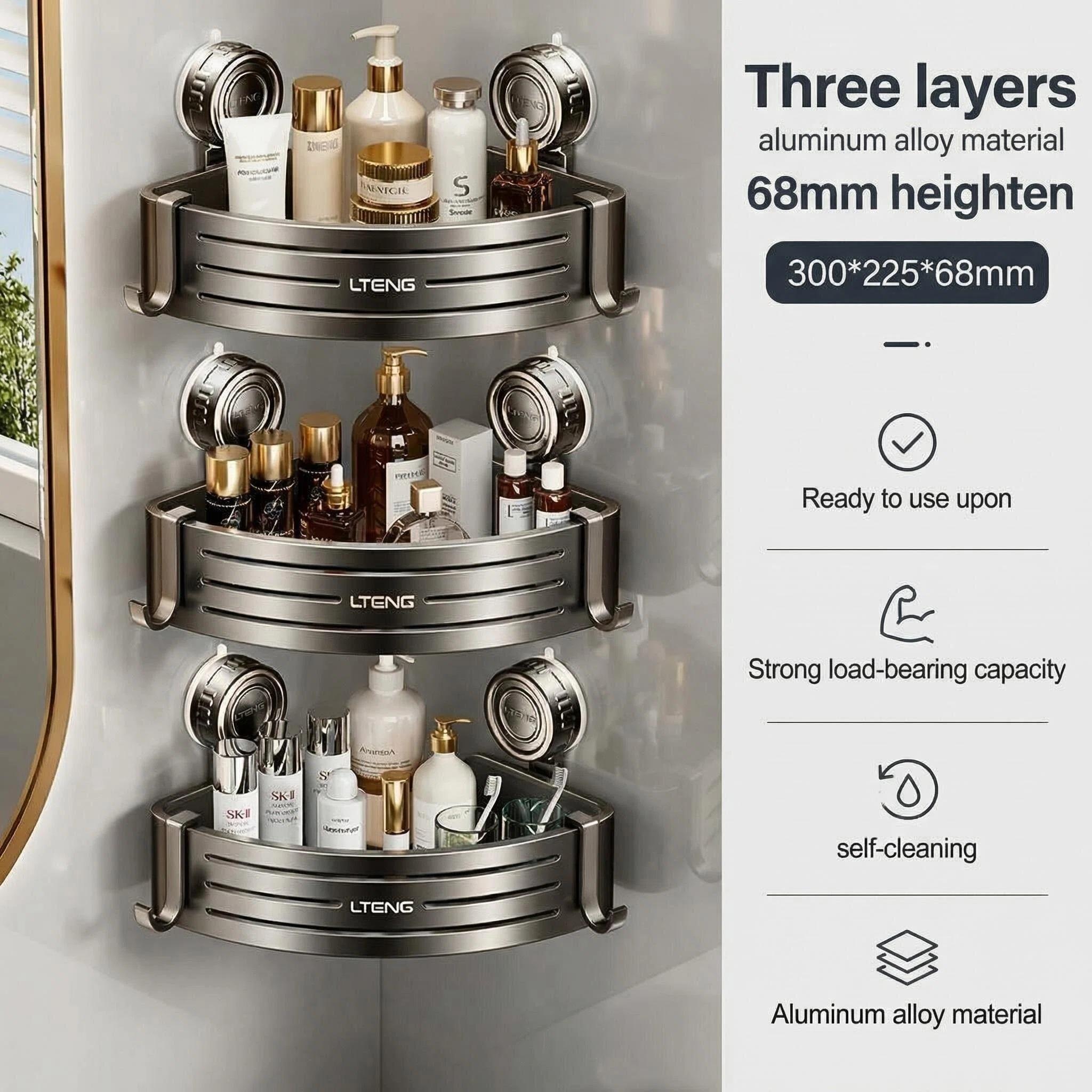 Super Powerful Suction Cup Bathroom Triangle Rack | Aluminum Alloy | 50lbs Load | Drill-Free Organizer with Towel Hooks