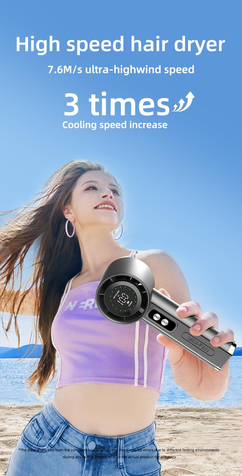 Portable Handheld Turbo Fan, 100-Speed Stepless Adjustable, 13000RPM High-Speed Motor, 7.6m/s Powerful Airflow, USB Rechargeable Mini Fan with LED Digital Display, Long-Lasting Cooling for Travel, Office, Outdoor Activities, Summer Gift