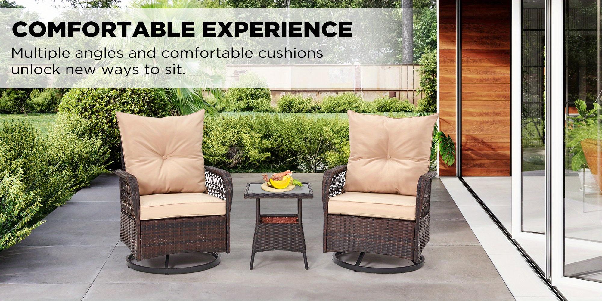 3 pcs Outdoor Swivel Chairs Bistro Set, Pation Rattan Furniture Set of 3 with 2 Swivel Chairs and 1 Tempered Glass Coffee Table, 360 Degree Swivel Patio Chairs for Garden, Porch, Garden, Beige