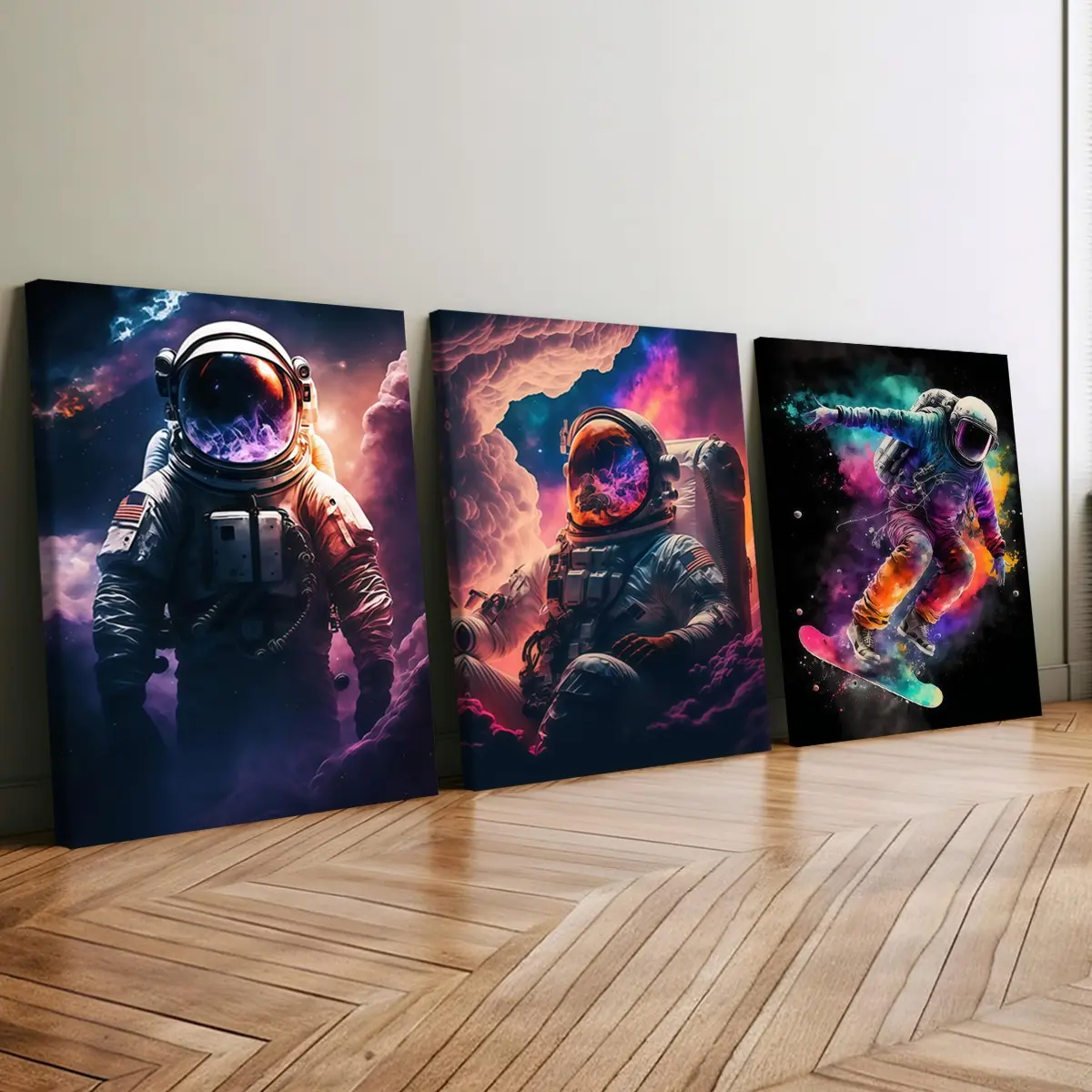 3-Pack Wood Frame Canvas Posters, Astronaut Art for Game Room, Modern Living Room Decor, Waterproof, Odorless, Ideal for Bedroom & Office