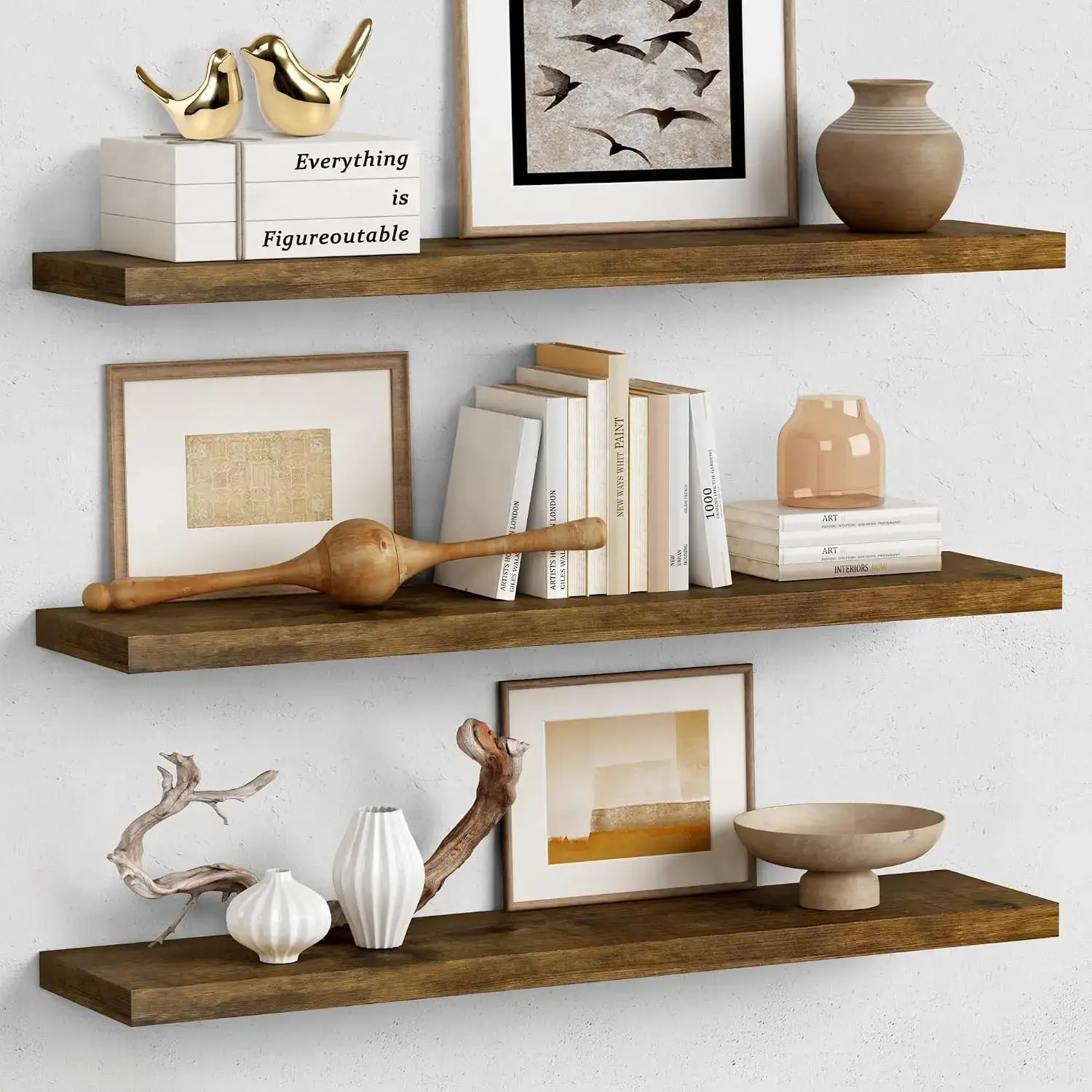 36 Inch Floating Shelves for Wall Long Set of 3, Large Deep Wall Shelves for Bedroom Living Room Decor, Rustic Wood Floating Shelf for Kitchen Closet Office TV Plants Books (Dark Brown)