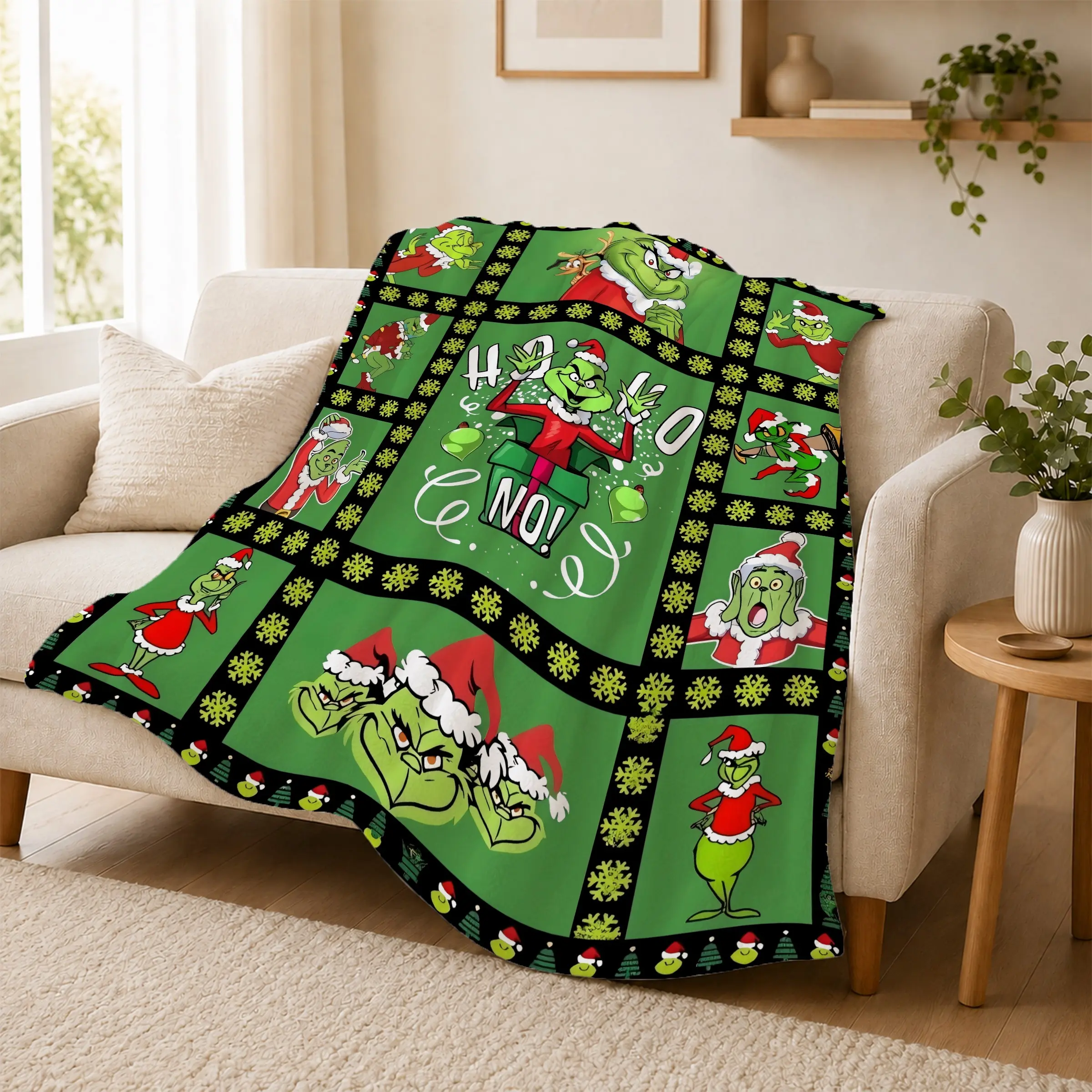 Christmas Monster Fleece Blanket, 'ho Ho No!' Funny Festive Graphic Plush Throw, Soft Flannel for Couch Bed, Holiday Gift
