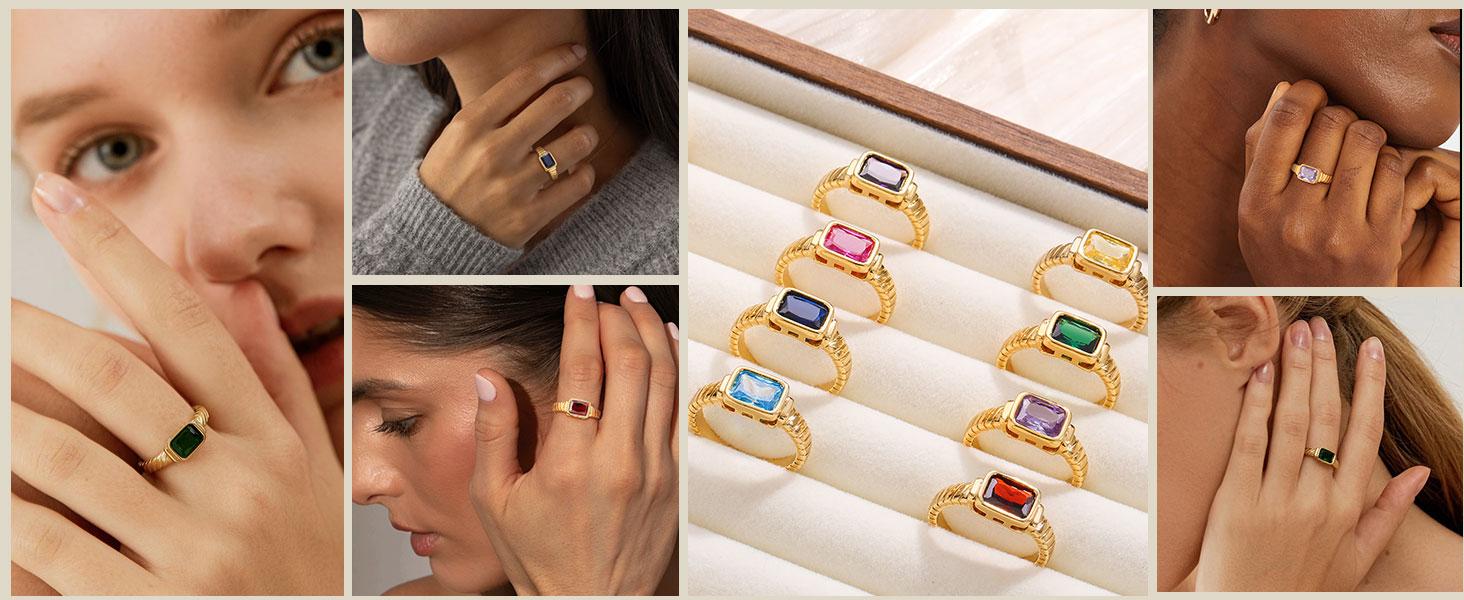 Birthstone Gold Rings for Women Non Tarnish Vintage Chunky Gemstone Emerald Rings 14K Gold Plated CZ Signet Thumb Rings Band Jewelry Gift for Birthday Size 6-11