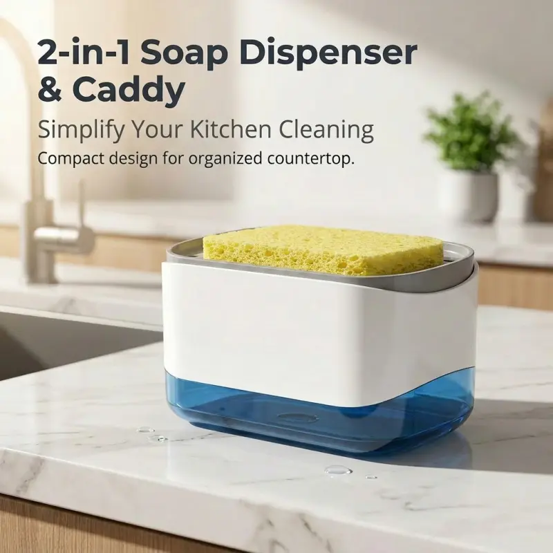 2-in-1 Kitchen Soap Dispenser with Sponge Caddy, Soap Container, Refillable One-Hand Press Liquid Pump, Transparent Base, Minimalist Sink Organizer for Dishwashing and Countertop Cleaning