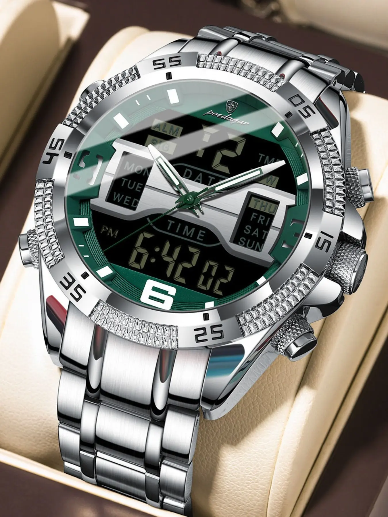 [Stylish New Multifunctional] Waterproof, Luminous, Chronograph, Second Time Zone Mode, Alarm, Calendar, Hourly Chime, Countdown, 24-Hour Indicator Men's Digital Watch, Business/Casual Watch, Luminous Alarm Wristwatch