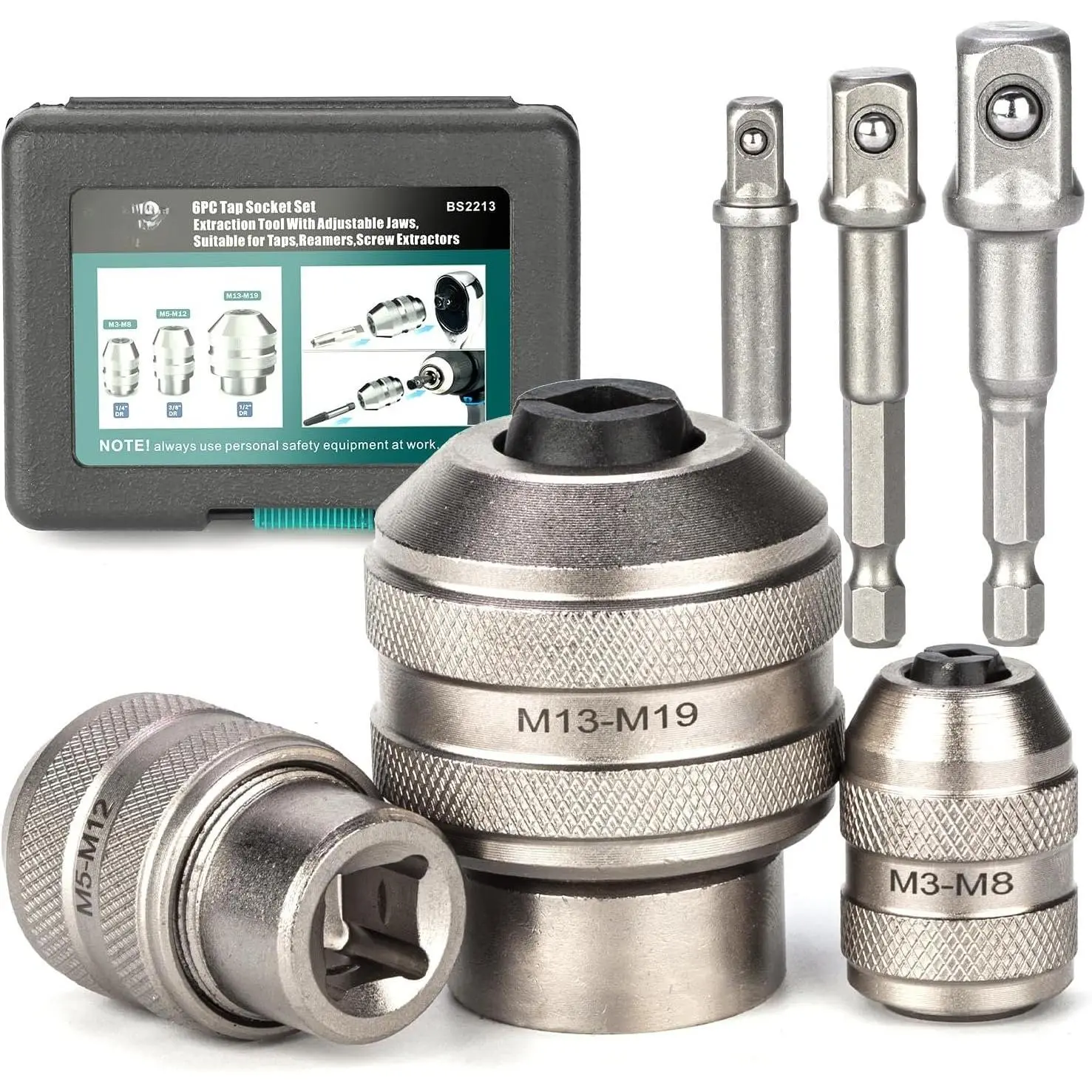 6 count Adjustable Tap Socket Set, 1/4", 3/8", 1/2" Drive Tap Socket | with Socket Adapter, fits Taps, Reamers, Screw Extractors, M3-M19, Cr-Mo Steel, for Tight Spaces, Storage Case