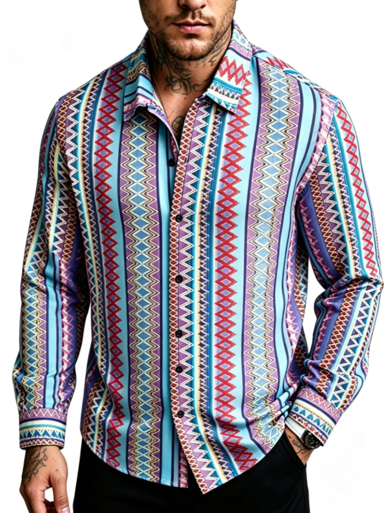 Colorful Wave Stripe Ethnic Style Men's Long Sleeve Shirt, Casual Slim-Fitting Top, All Seasons Wear, Full Placket Design