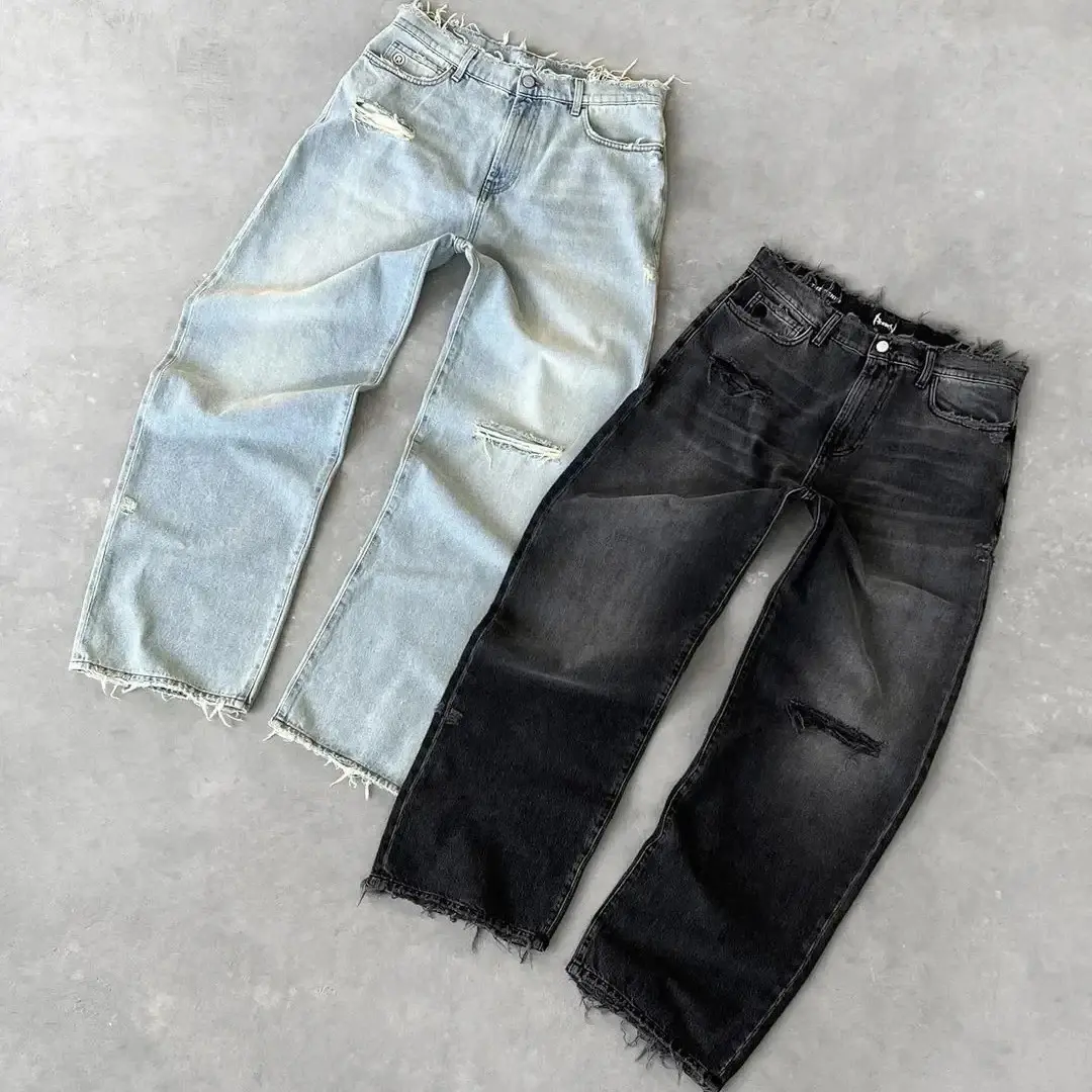 Y2K girls' jeans, washed and distressed, solid color, unisex, street fashion casual jeans