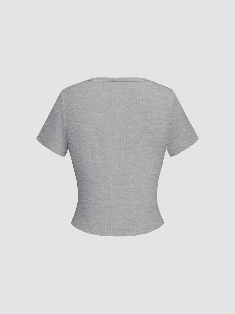 Women's Plain Button Front Crop Tee, Casual Short Sleeve T-shirt for Daily Wear, Ladies Clothes for All Seasons, Womenswear