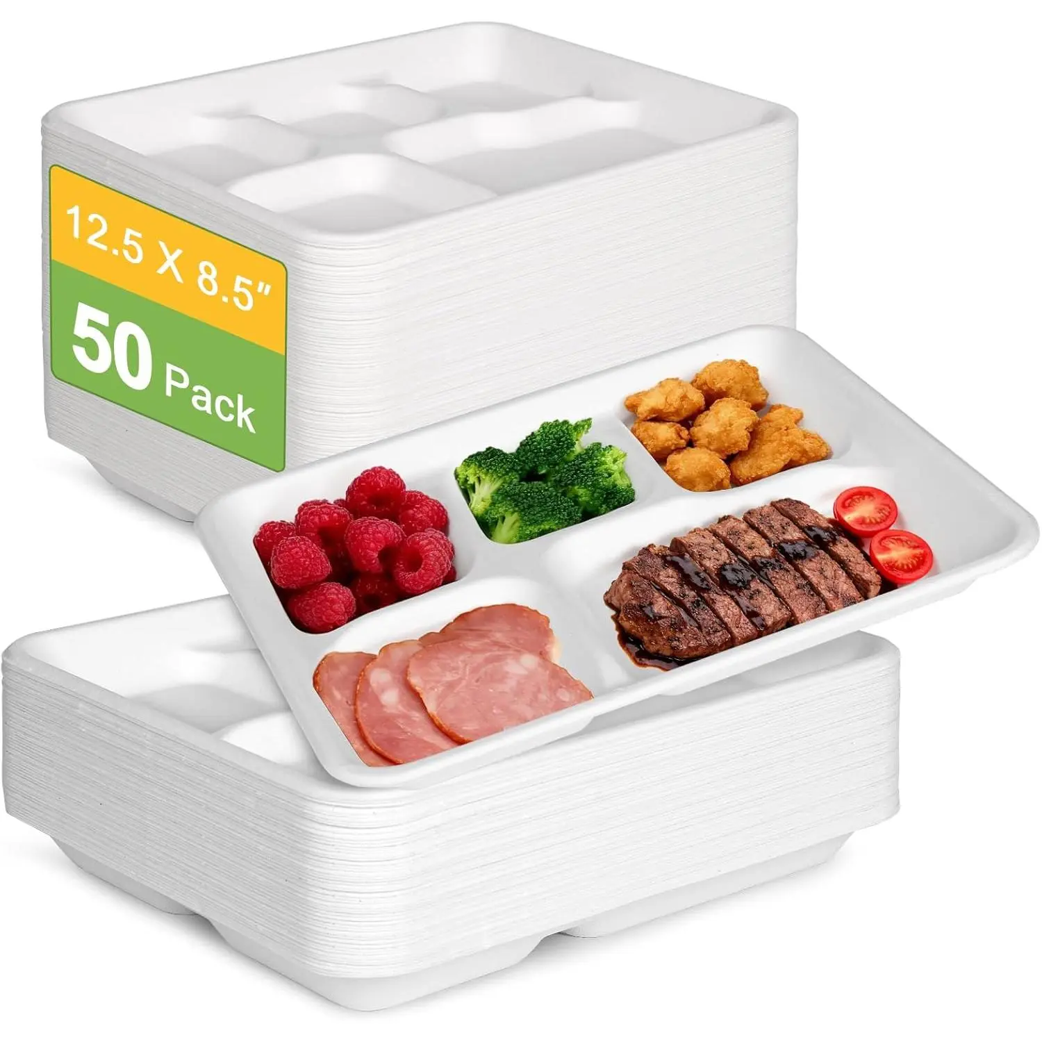 Compostable 5 Compartment Plates, 12.5 x 8.5 inch, 50-Pack | Heavy Duty Paper, Large Capacity, With Dividers, Disposable
