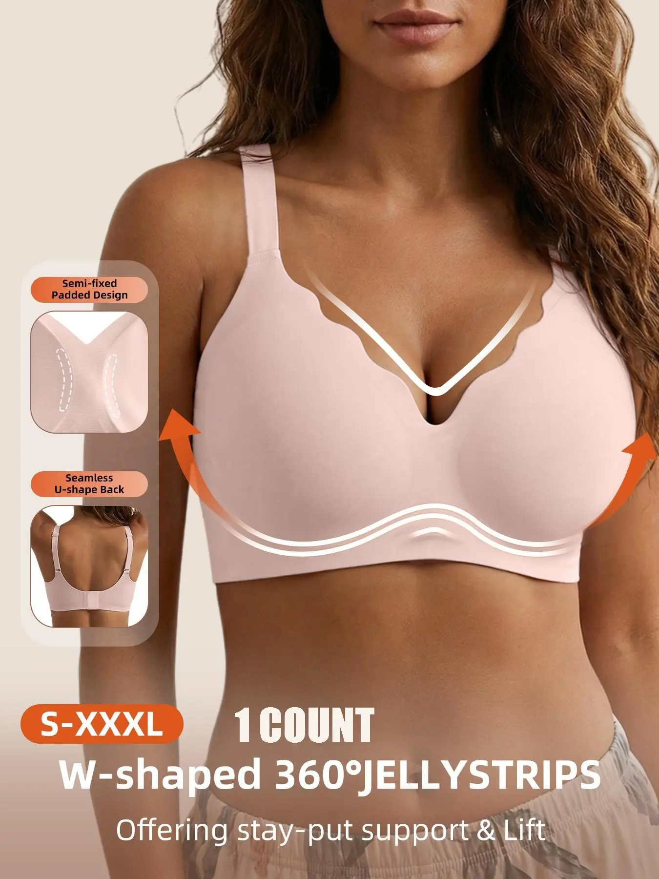 Jelly Wireless Push-Up Multiway Bra, Micro V Wave Edge Design, Seamless Breathable Comfort, Medium Support, All Seasons, Fitted Casual Style