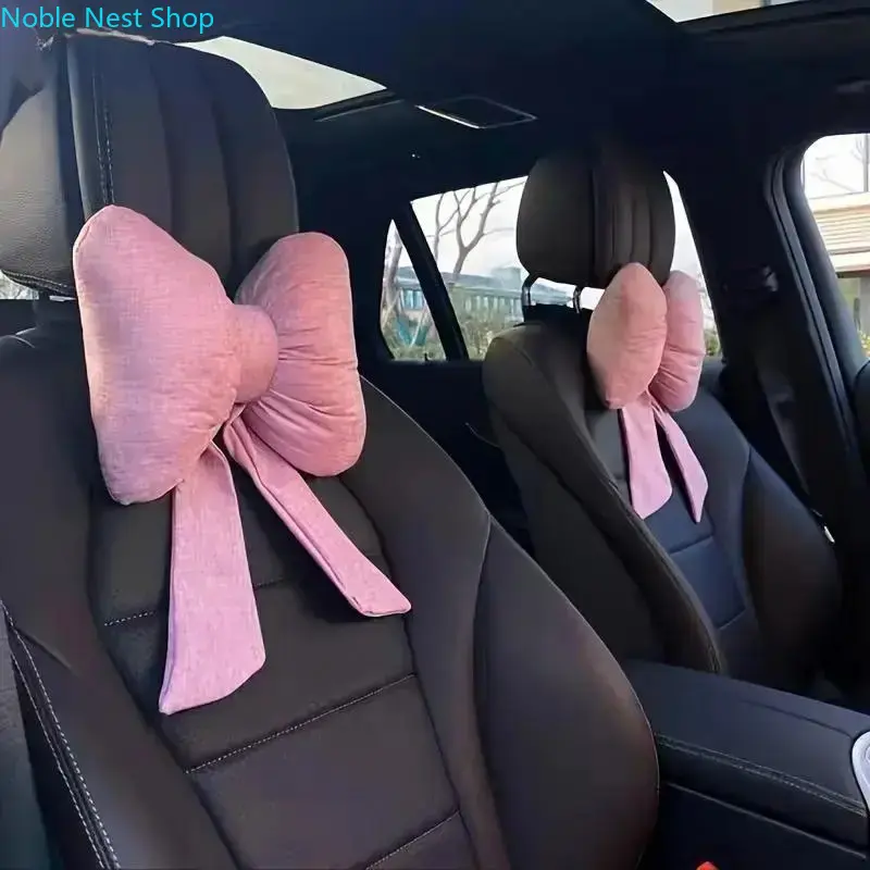 Cute Bowknot Car Headrest Pillow, Soft Neck Support Cushion, Stylish Girly Interior Accessory for Women & Girls Driving Decor
