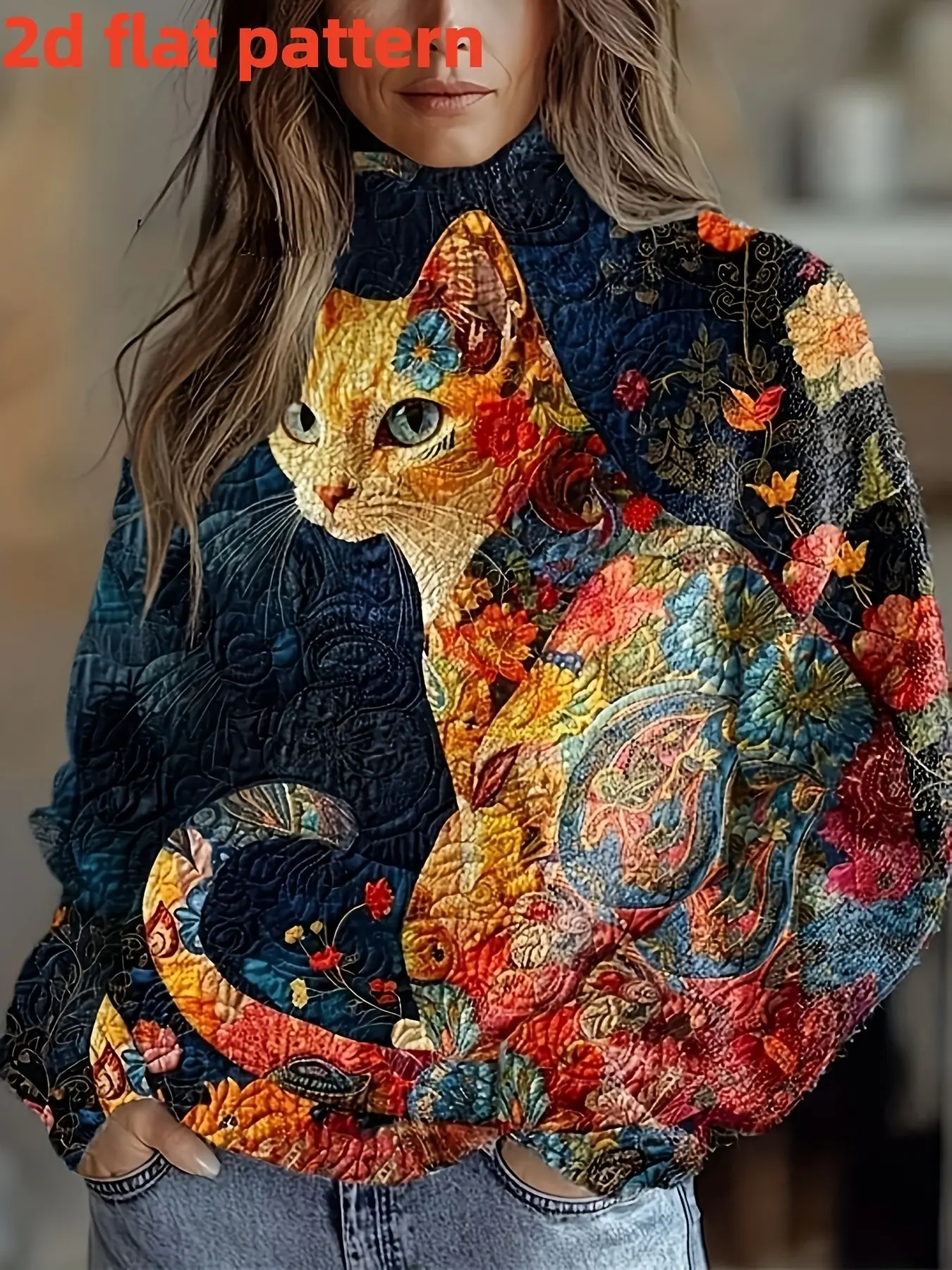 Women's Fall Winter Slim-Fit Long Sleeve Sweater, Elegant Animal Pattern Digital Print, High Neck Turtleneck Pullover Knitted Top, Knitwear