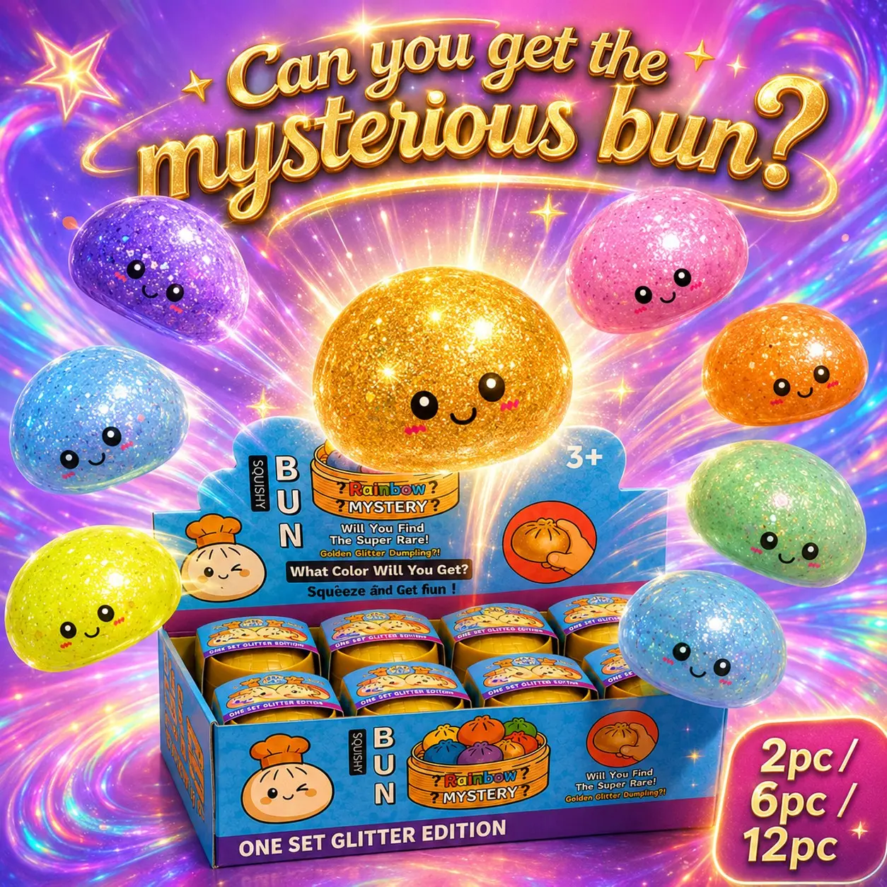 [Mystery Blind Box] Glitter & Plain Dumpling Squishy 2/6/12 Pack, Quick Rebound Random Style Surprise Toy, Colorful Soft Squeeze Stress Relief Fidget Sensory Ball, Trendy Decompression Gift for Teens, Kids and Adults Desktop Collectible Ornament