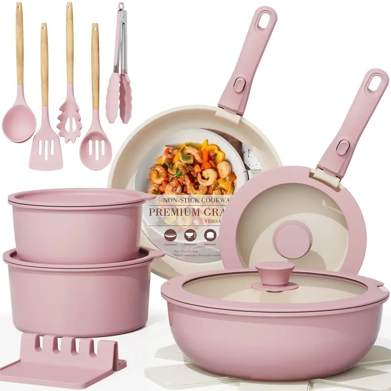 Astercook 21 PCS Nonstick Cookware Set - Removable Handle Pots & Pans, Ceramic Coated Kitchenware for Easy Cooking,father'sdaygifts,campingessentials,campinggear