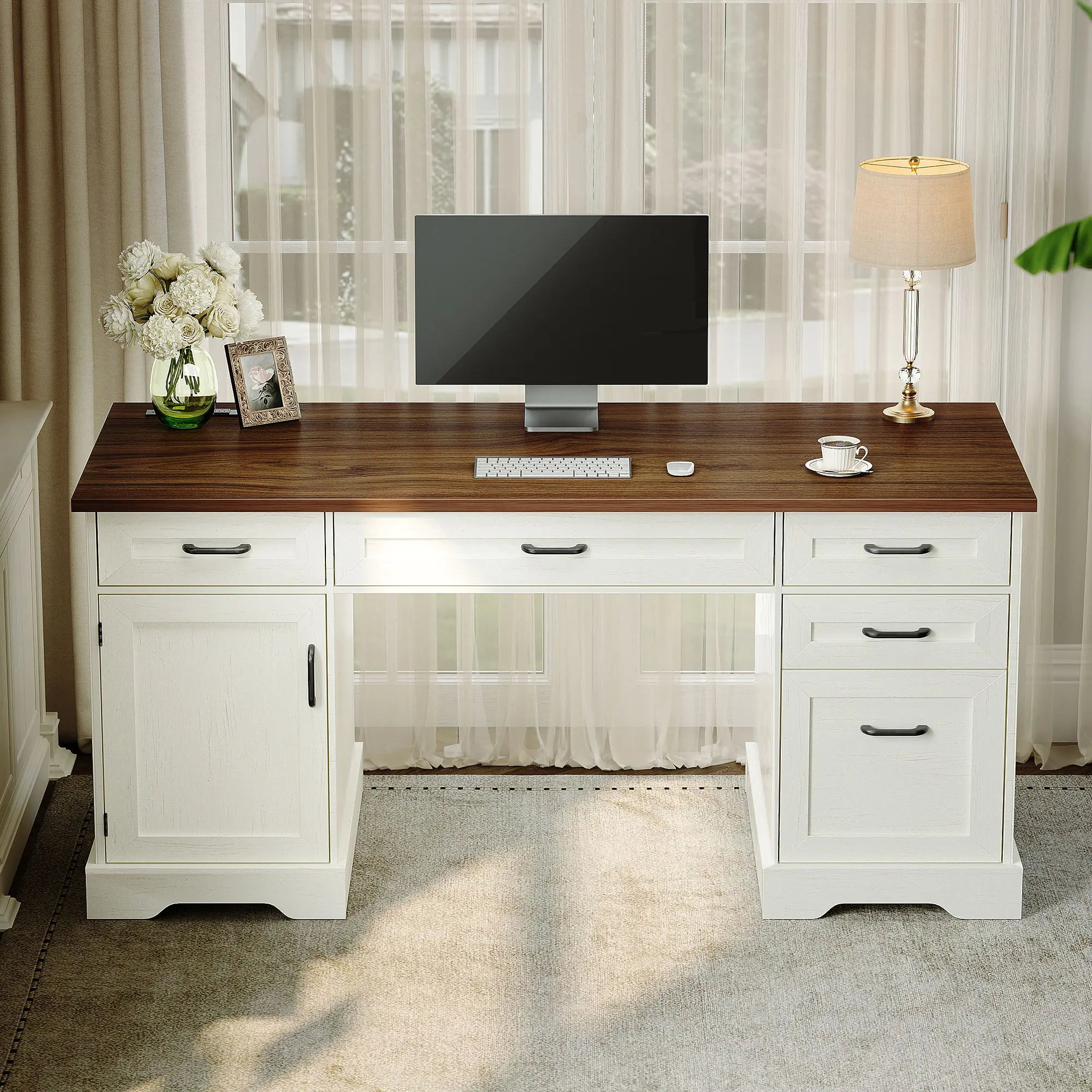Farmhouse Desk with Drawers and Charging Station, 59 Inch Executive Computer Desk with File Cabinet for Home Office