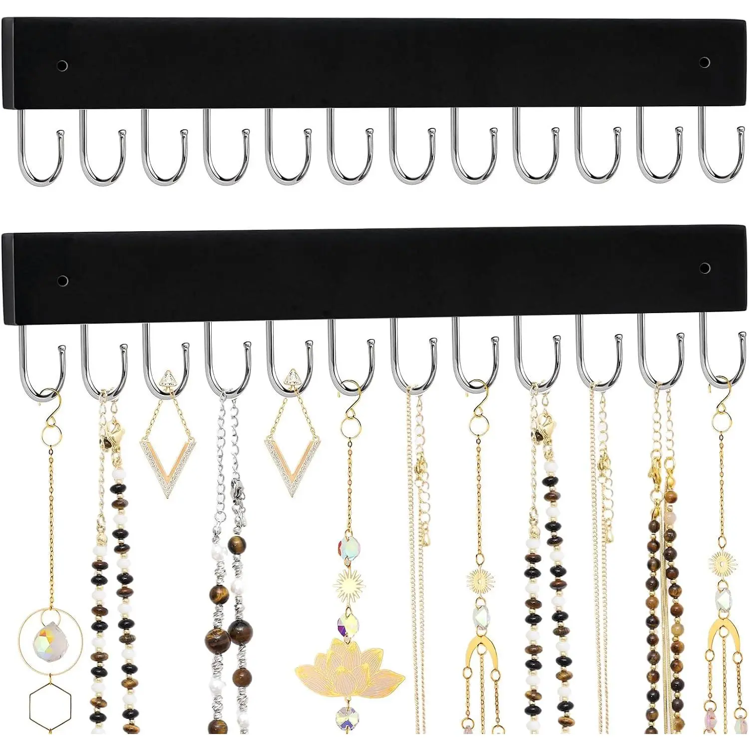 Organizer, 2 Pack Wall Mount Wooden Holder |  , 24 Rotating Hooks, Wall Mounted With Screws, For Necklaces, Bracelets, Earrings And