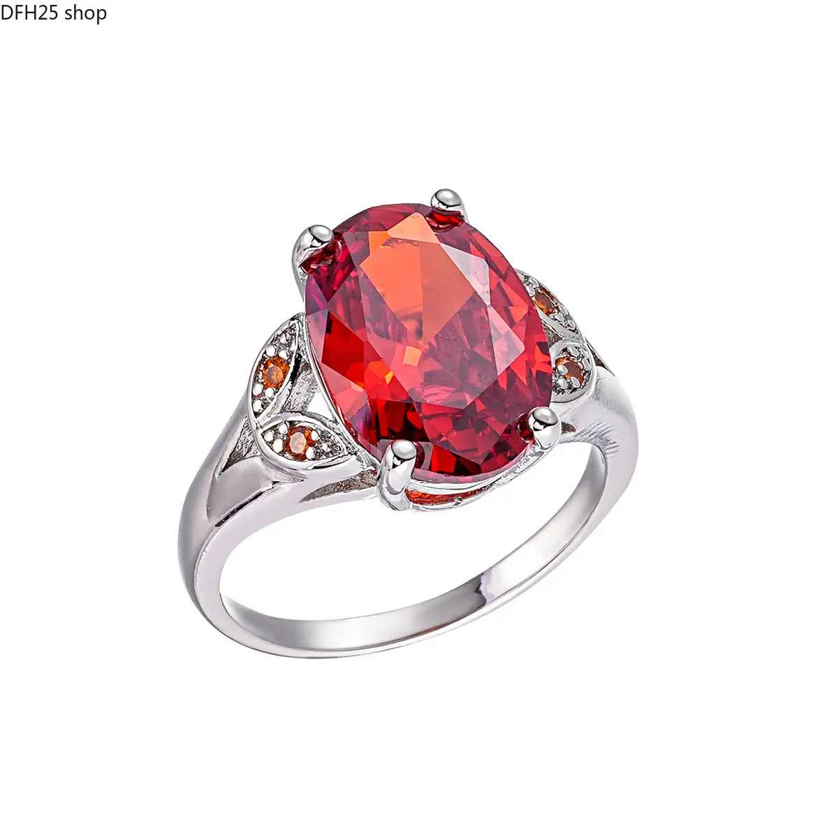 Orange Oval Zirconia Ring for Women and Men, Silver Tone Band With Large Faceted Center Stone and Sparkling Accent Details, Elegant Statement Jewelry for Daily Wear, Parties and Special Occasions