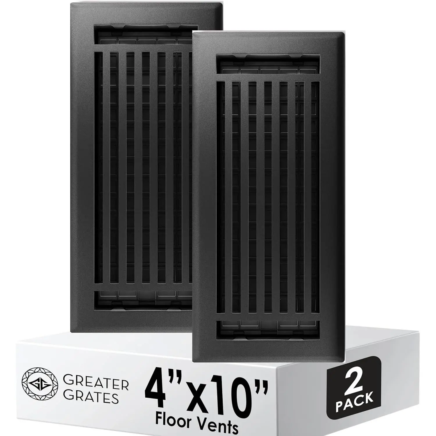 Floor Register 4x10 Vent Cover 2 Pack Heavy-Duty Steel Rustproof & Walkable Grates Drop-in Install Adjustable Air Supply Switch Decorative Straight Line Design Textured Black