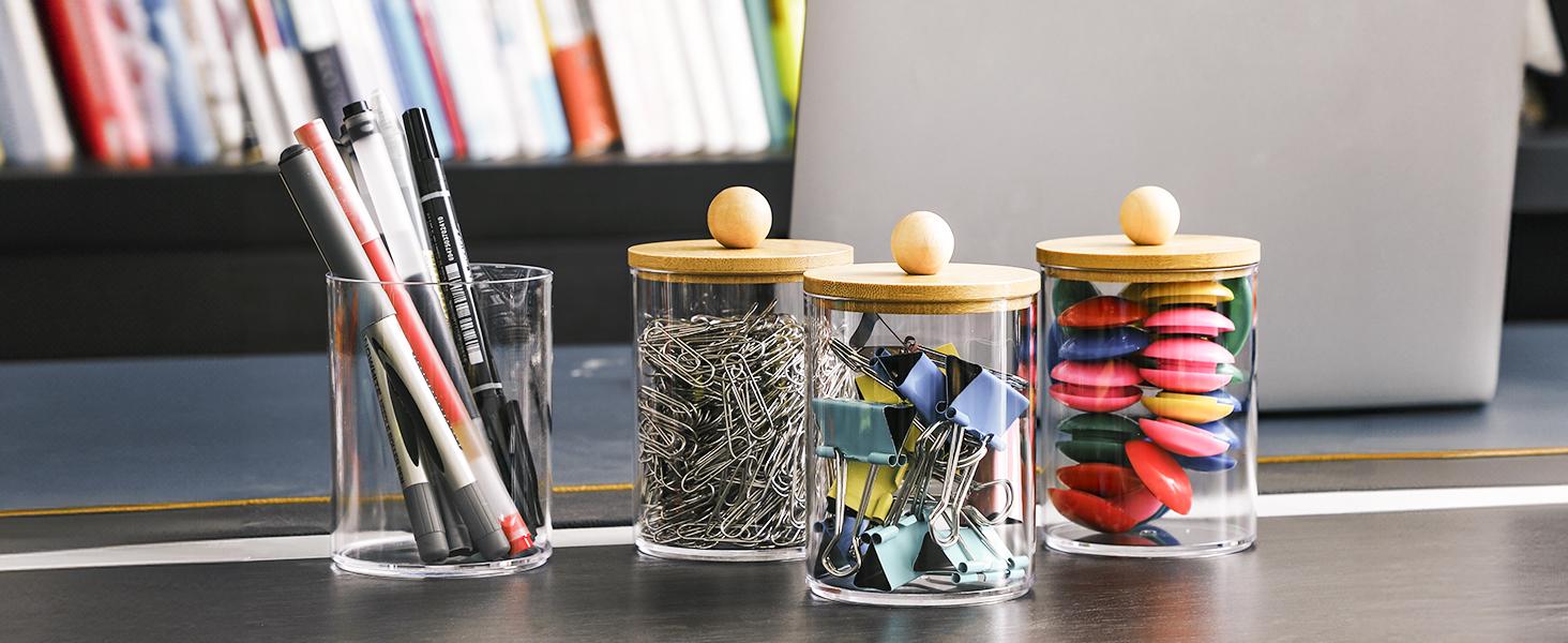 4 Pack Qtip Holder Dispenser with Bamboo Lids - 10 oz Clear Plastic Apothecary Jar Containers for Vanity Makeup Organizer Storage - Bathroom Accessories Set for Cotton Swab, Ball, Pads, Floss