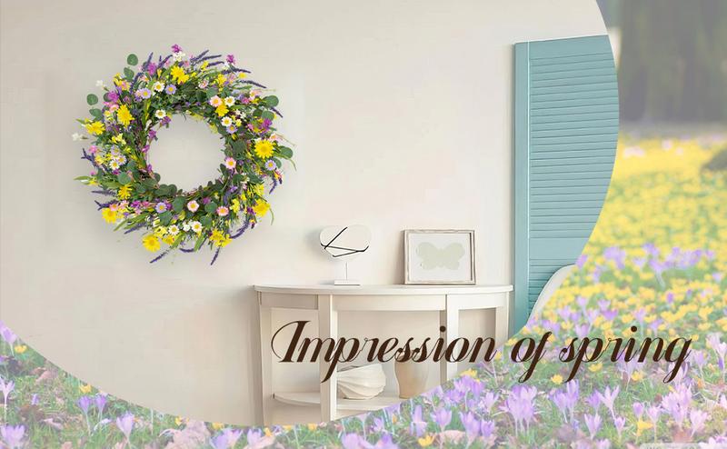 J'FLORU Spring Wreaths for Front Door 22 Inch Artificial Summer Wreath Daisy and Lavender Wreath with Wildflowers for Home Wall Farmhouse Springtime Easter Holiday Party