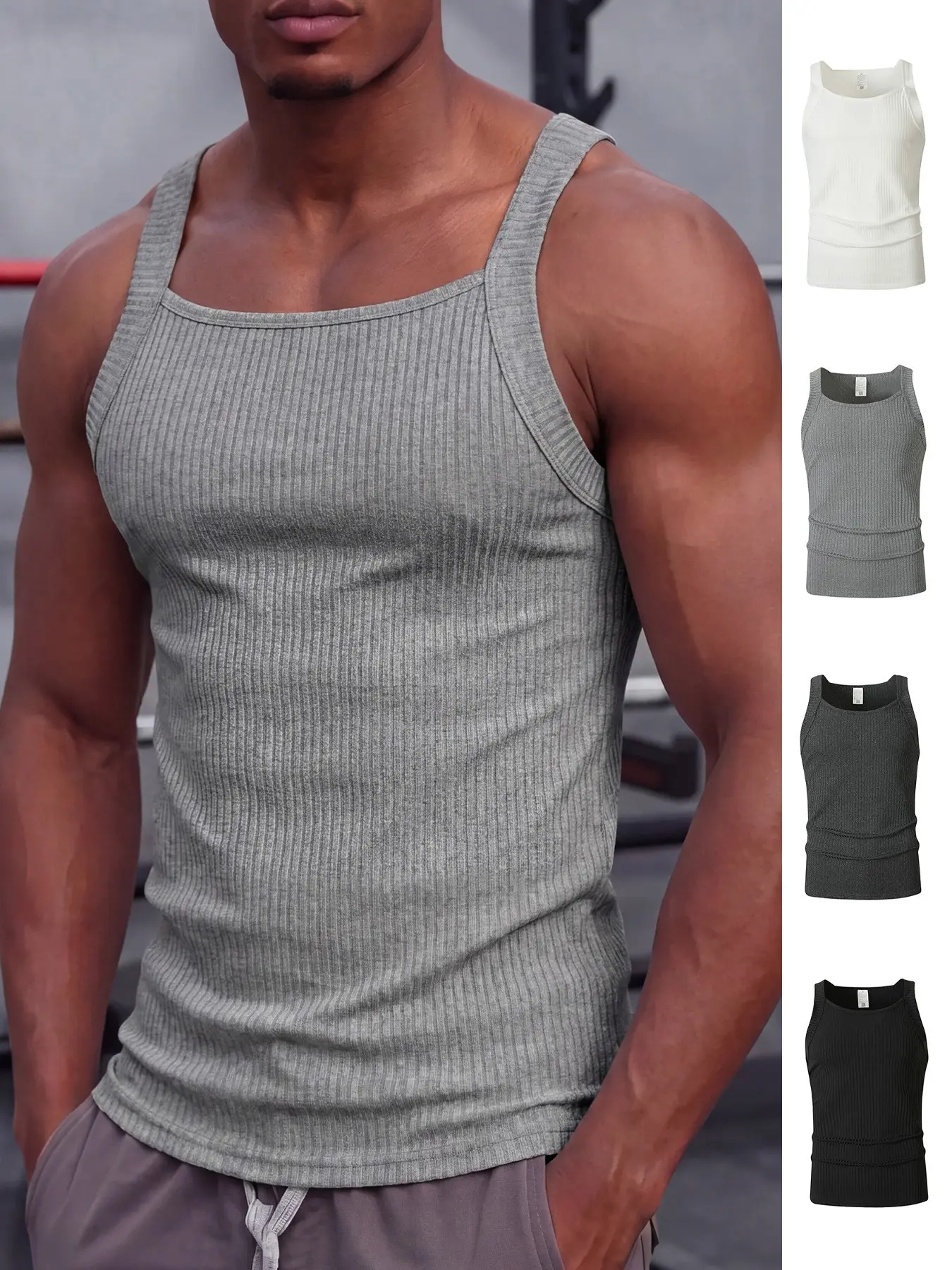 Men's Square Neck Ribbed Tank Top, Sleeveless Tank Tops, Stretch Slim Fit Sleeveless Muscle Vest, Muscle Singlet, Rib Knit Workout Gym Shirt, Athletic Fitness Training Undershirt, Casual Summer Daily Wear, Clearance Deal, Trending Essential