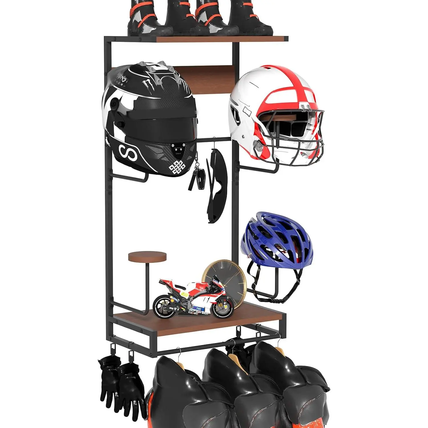 Motorcycle Helmet Holder Wall Mount for Moto Gear Storage Display| 4 Helmet Stand Racks, 2 Shelves, 4 Clips, 5 Hooks for Displaying Motorcycle Accessories, Hanging Glove, Key, Jacket
