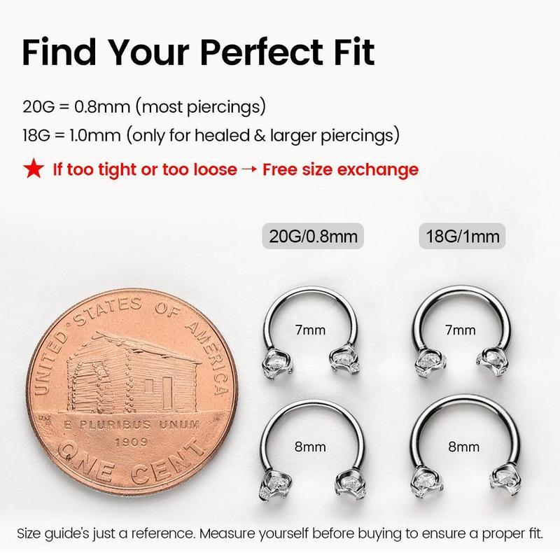 20G/18G 7mm Horseshoe Nose Hoop Nose ring(Free Gem Picker Tool Gift Box) Internally Threaded Gems Nose Ring