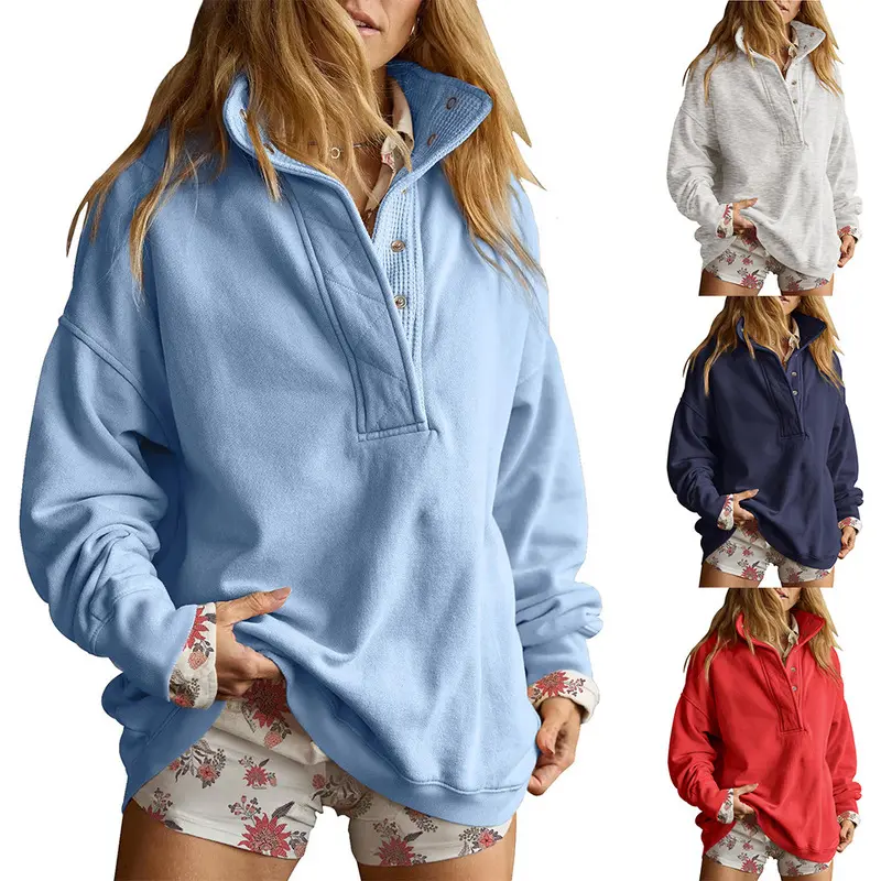 2026 Autumn/Winter New Women's Loose Half-Open Collar Button Casual Long-Sleeve Sweatshirt