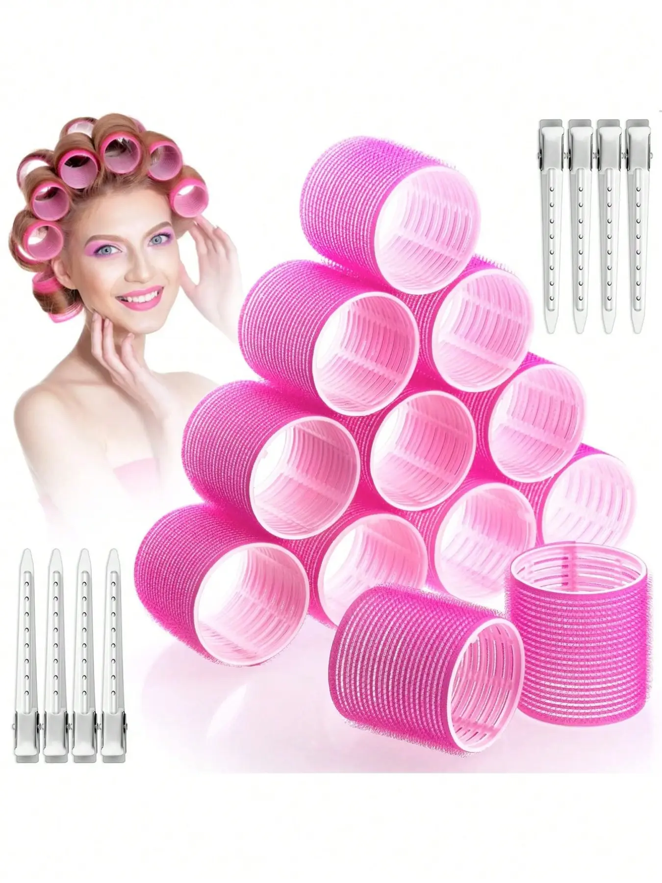 Large Curling Iron Set, 24 Pieces, Includes 12 Self-Adhesive Rollers and 12 Stainless Steel Clips, Ideal for All Hair Types, Styling Kit