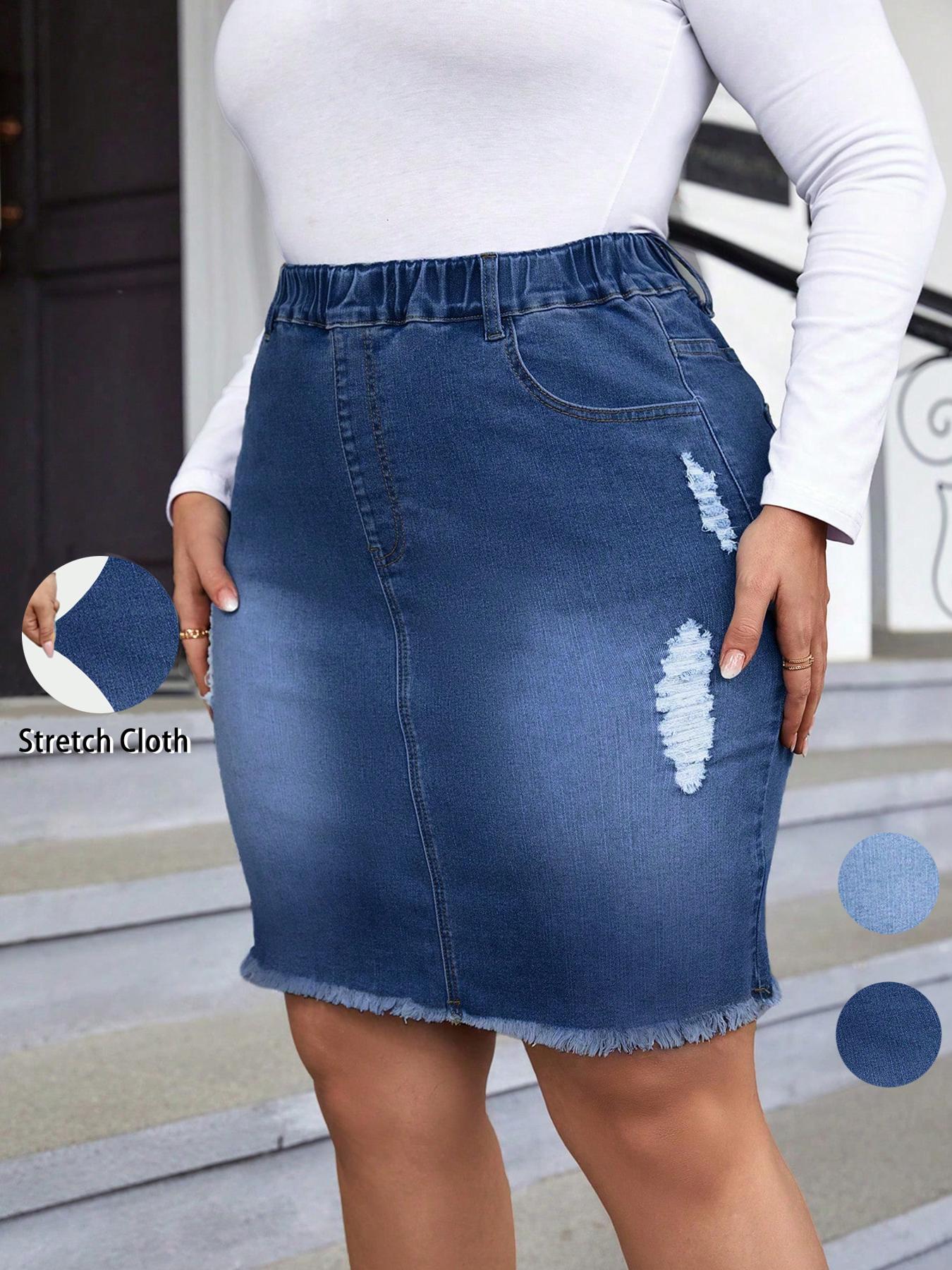 Women's Ripped Distressed Denim Skirt Elastic Fitted, Fashion Casual Short Skirt for Daily Outdoor Wear, Ladies Bottoms for Summer