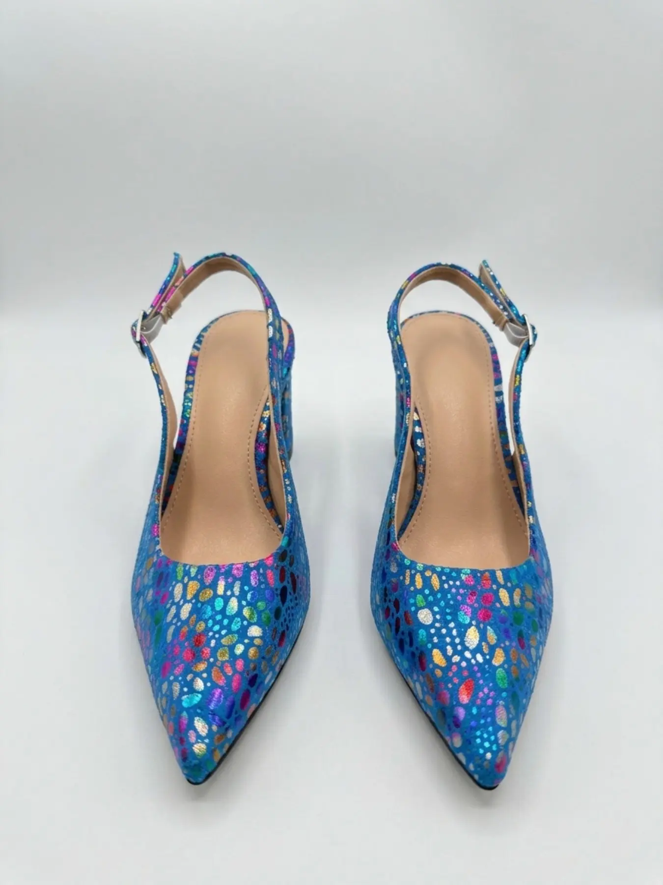 Women's Rainbow Blue Laser Sequin Pointed Toe Heeled Sandals, Dressy Sandals, Back Strap Buckle Design, Versatile Party Commute Shoes, Suitable for All Seasons