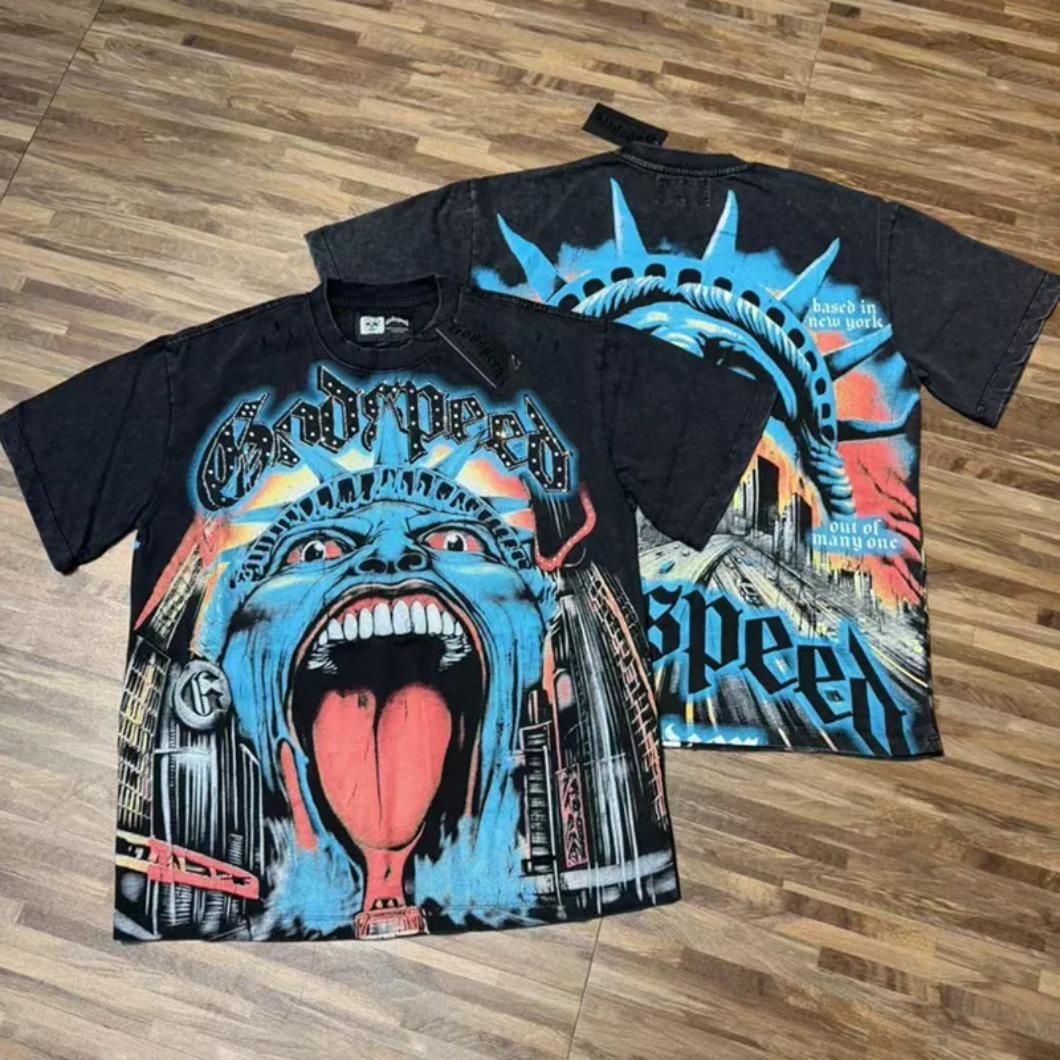 Real Photo Original Label Ripped Hot Drill Godspeed Short Sleeves T Shirt American Cotton Vintage Washed Rhinestone Bling Oversized Loose Unisex Round Neck Streetwear Hip Hop Y2K Casual Tops Tees With Tags For Men Women