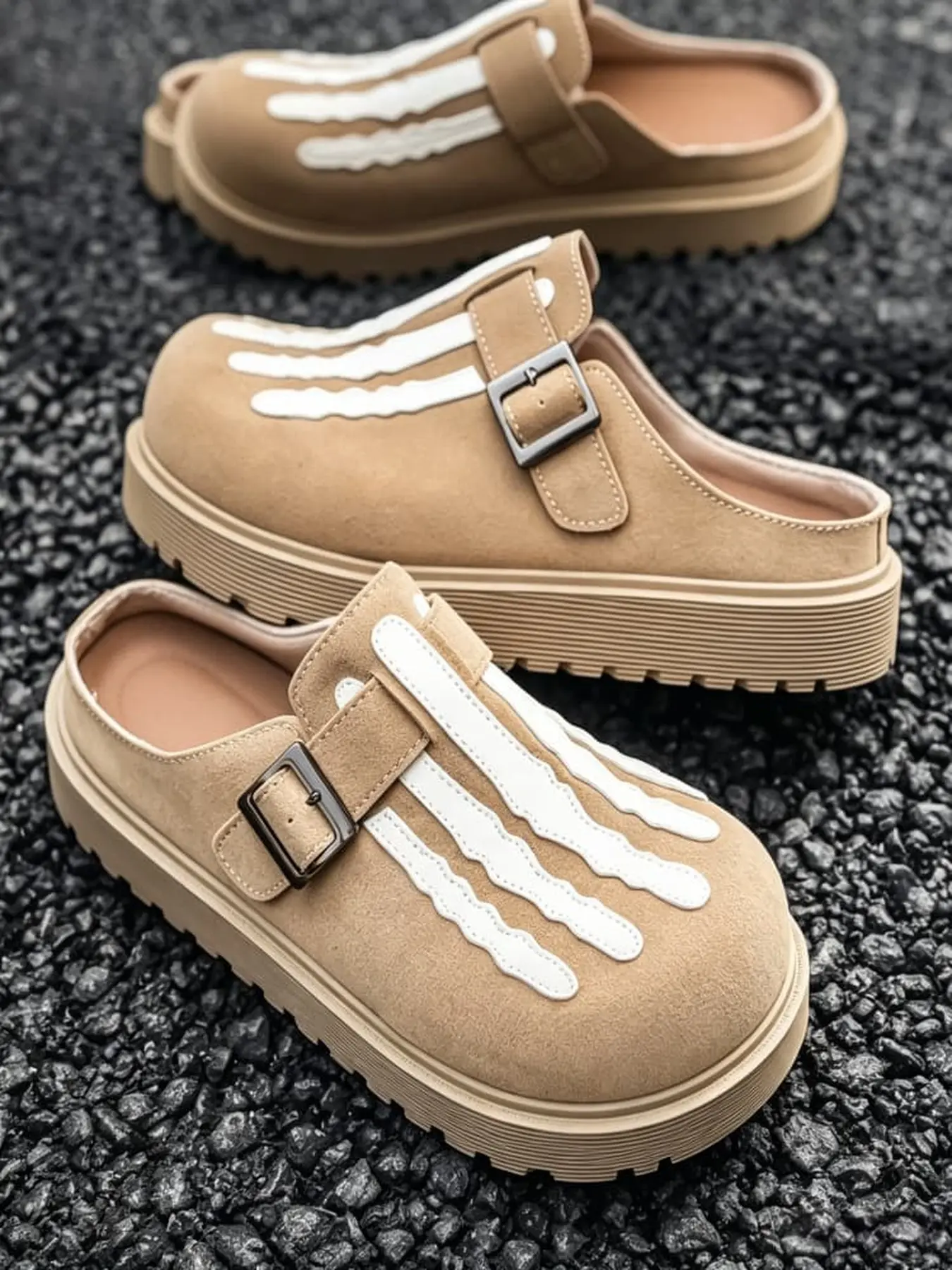 1 Pair Retro Street Style Mens Thick Sole Mules Skeleton Print Accent Suede Buckle Casual Daily Slides